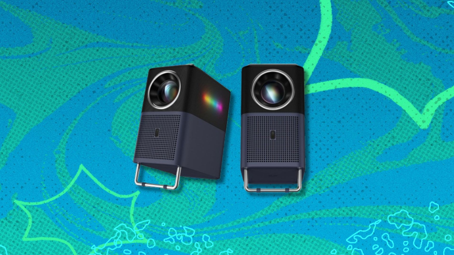 the TCL A1 GTV projector on a green and turquoise background