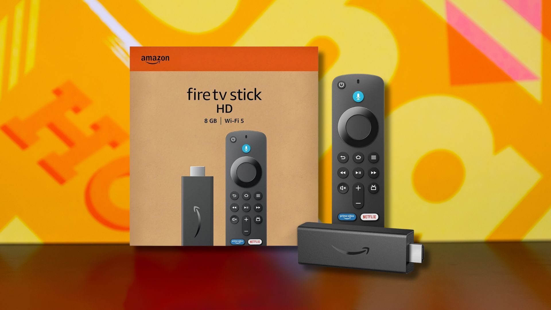 amazon fire tv stick hd and box against a yellow patterned background