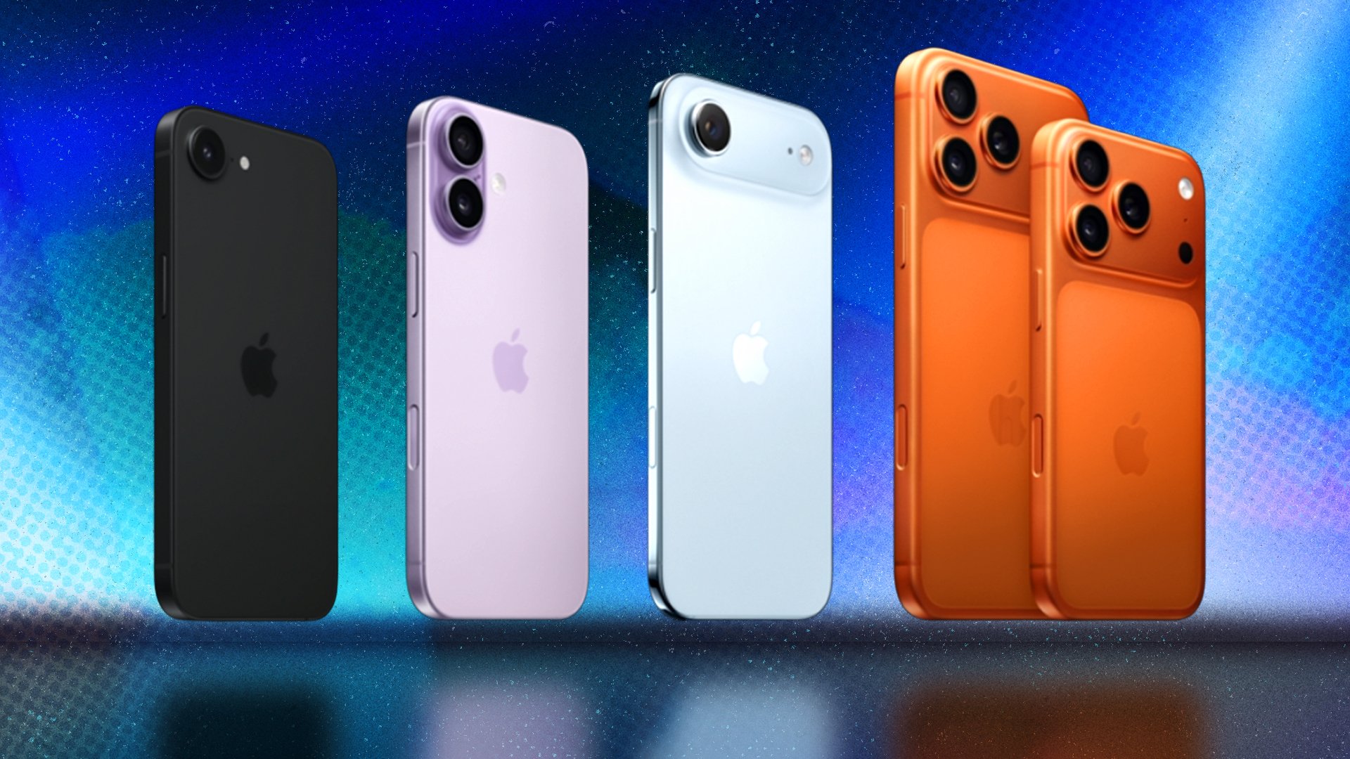 The new iPhone 17 and iPhone Air line-up on a colorful background.