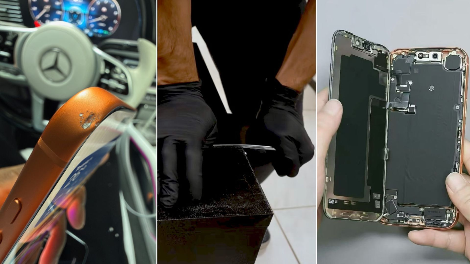 collage of photos showing broken iPhone 17 phones