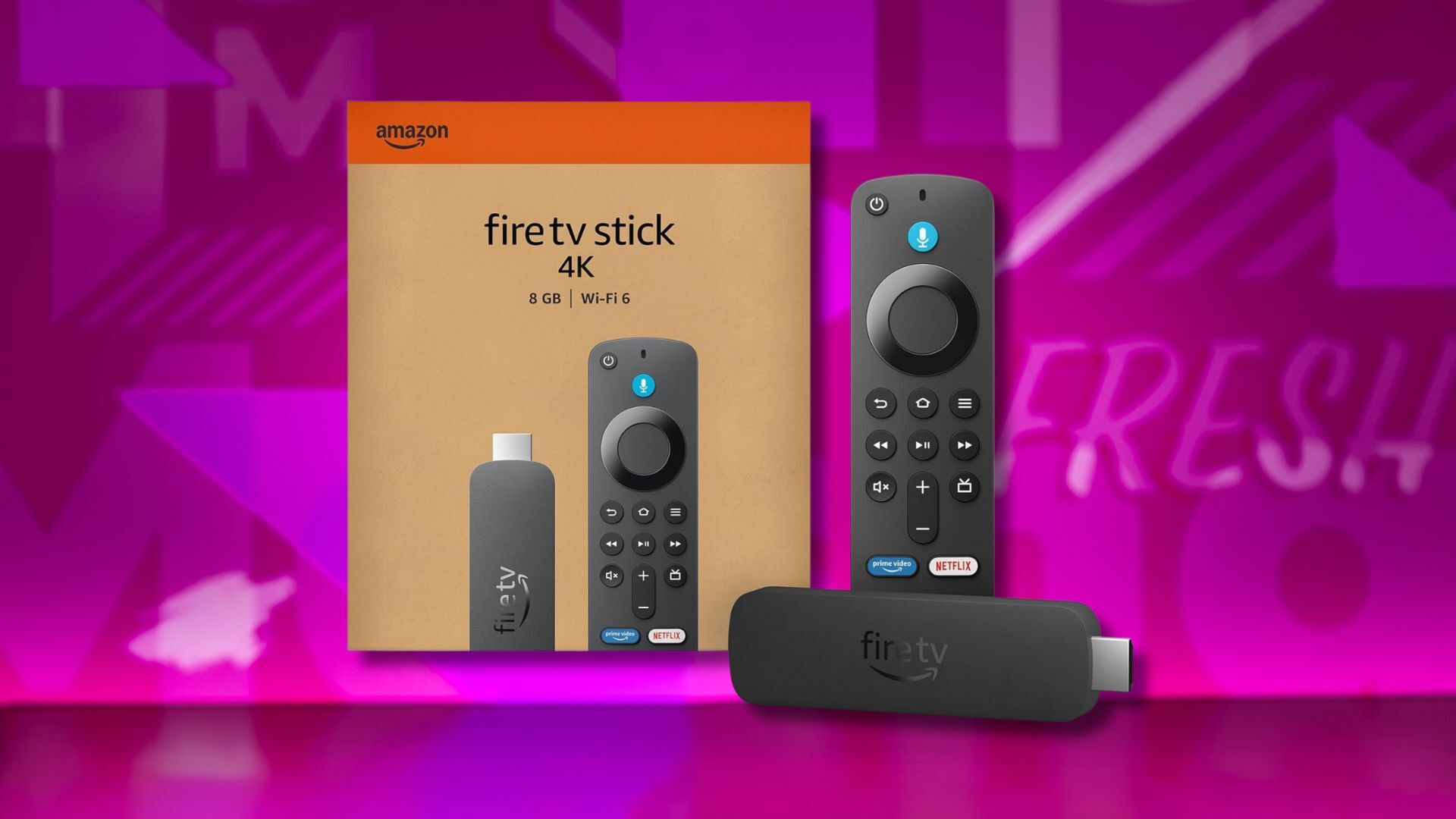 fire tv stick 4k and box against a pink patterned background