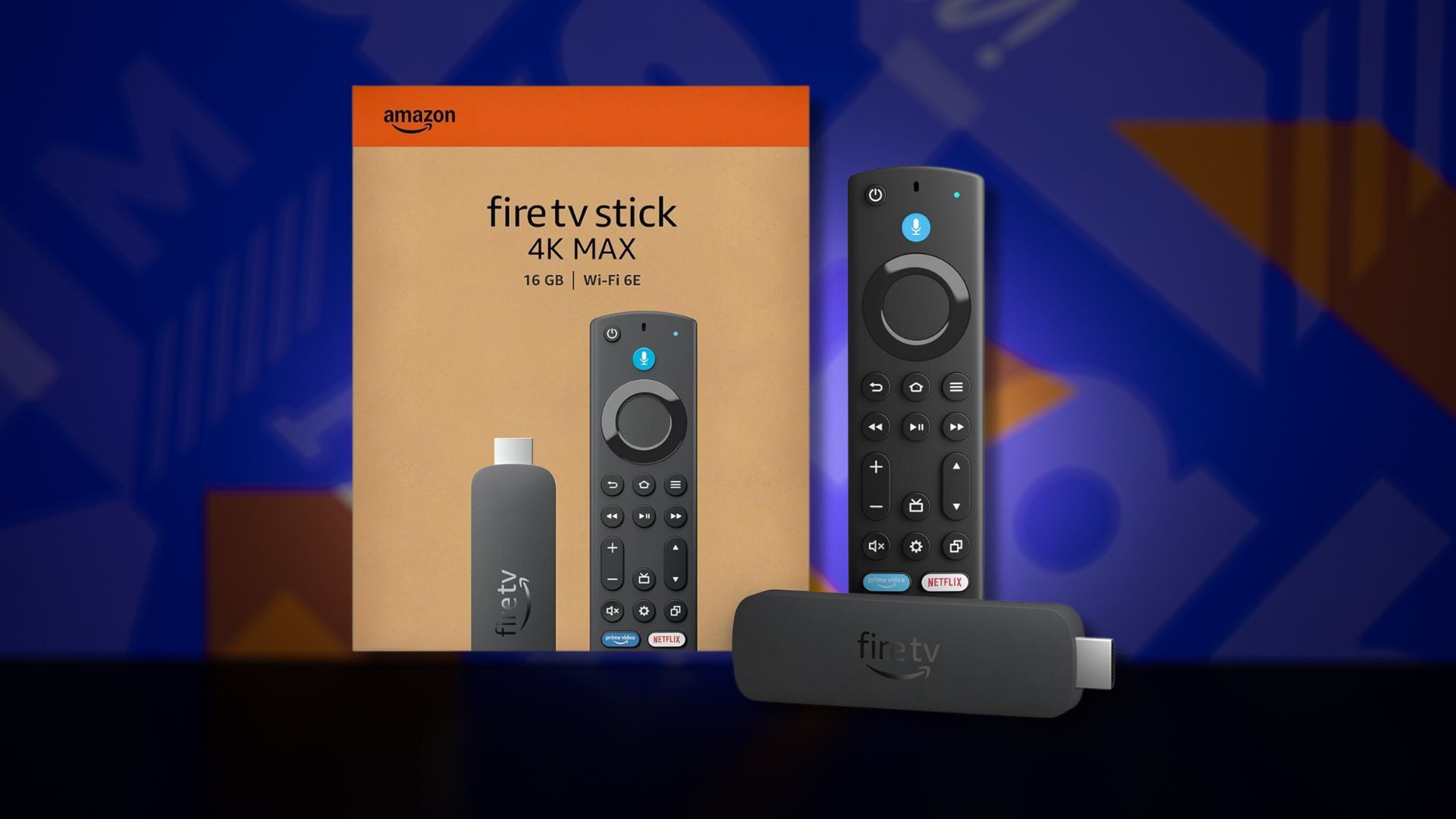fire tv stick 4k max and box against a dark blue patterned background