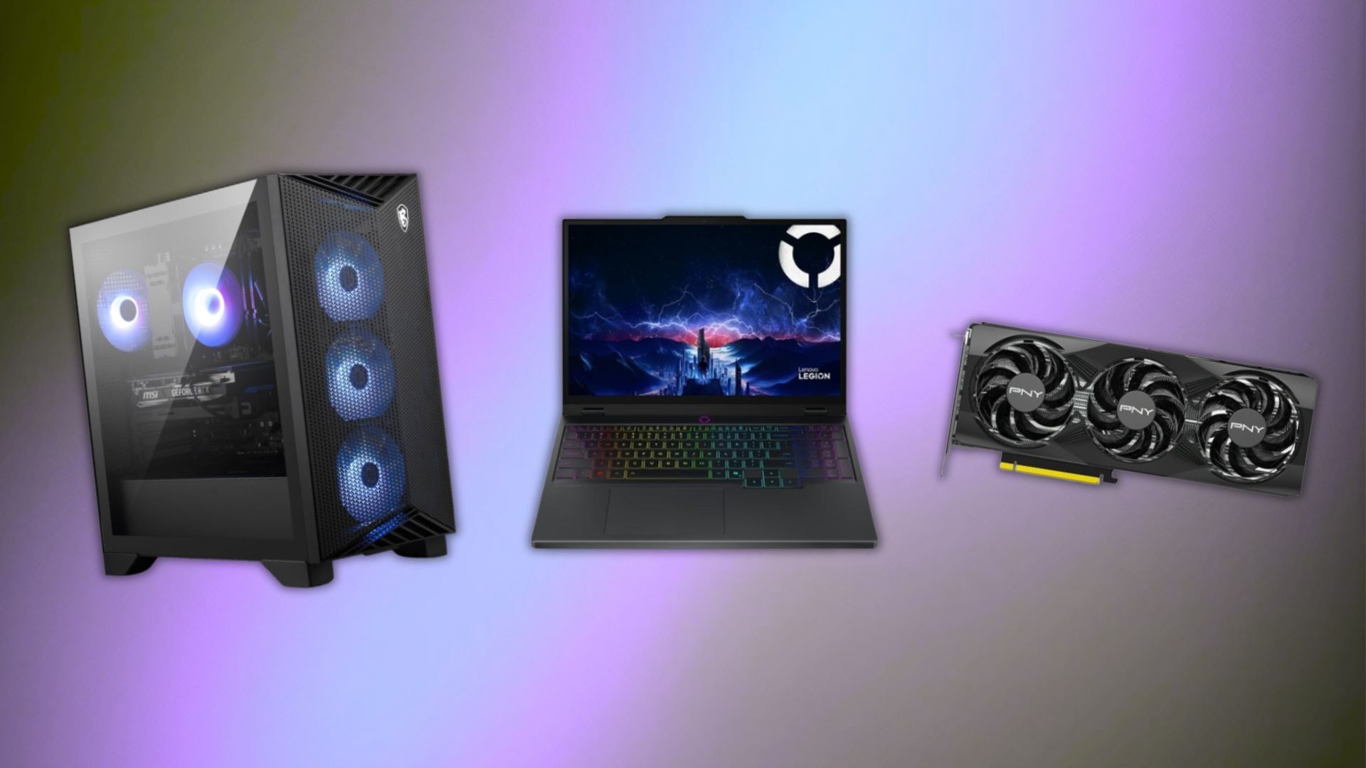 pc, laptop, and graphics card on purple and black gradient background