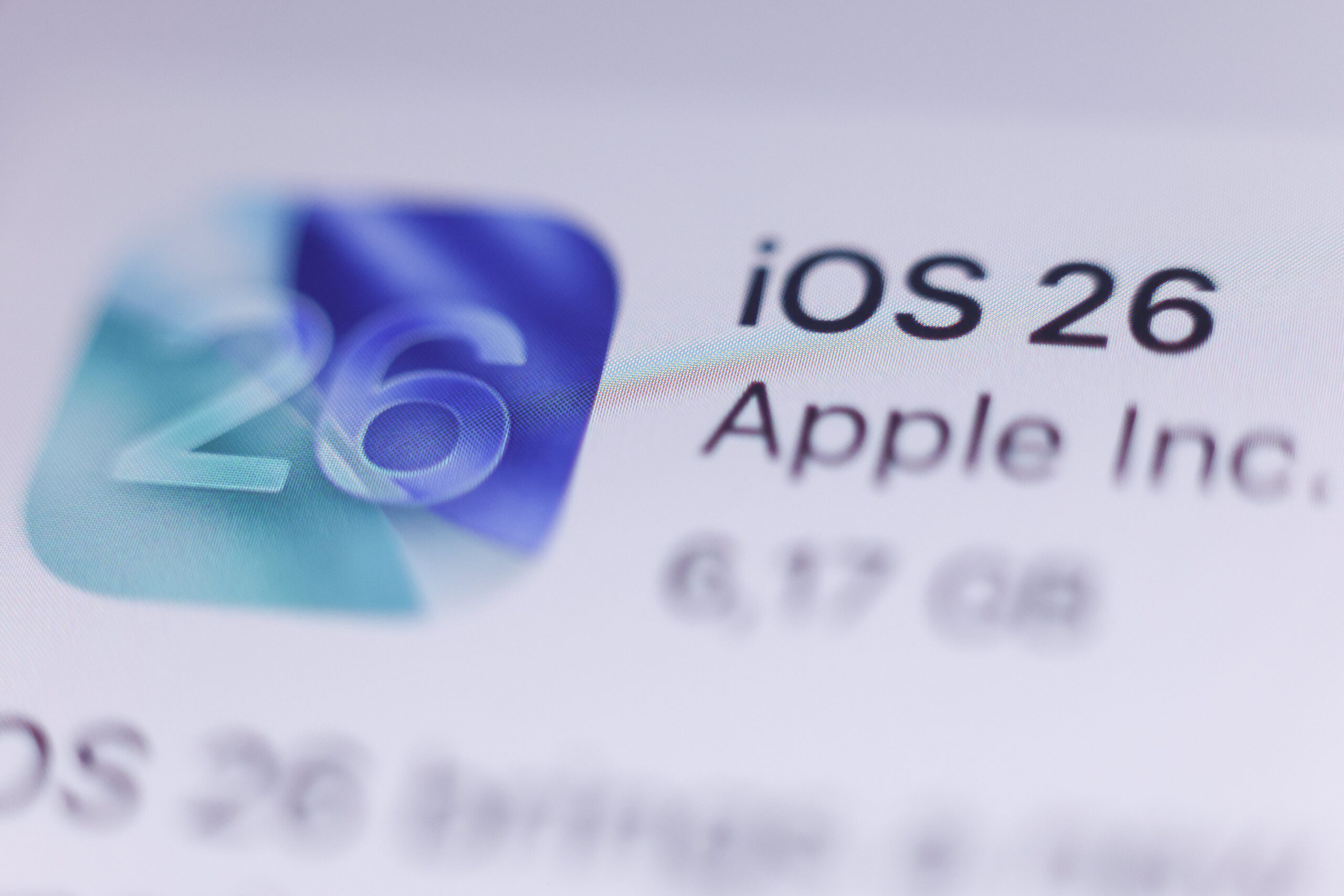 iOS 26 update displayed on a phone screen is seen in this illustration photo