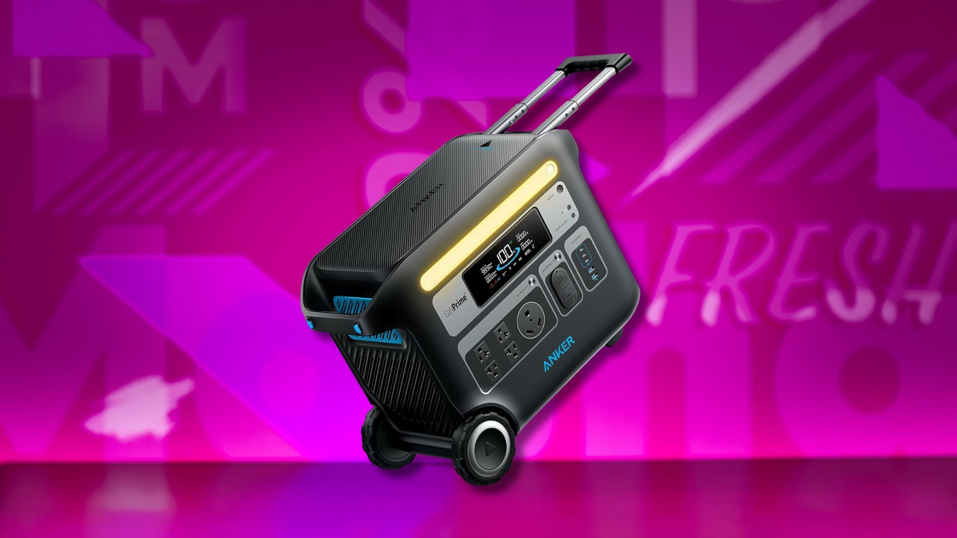 anker solix f2000 portable power station against a pink patterned background