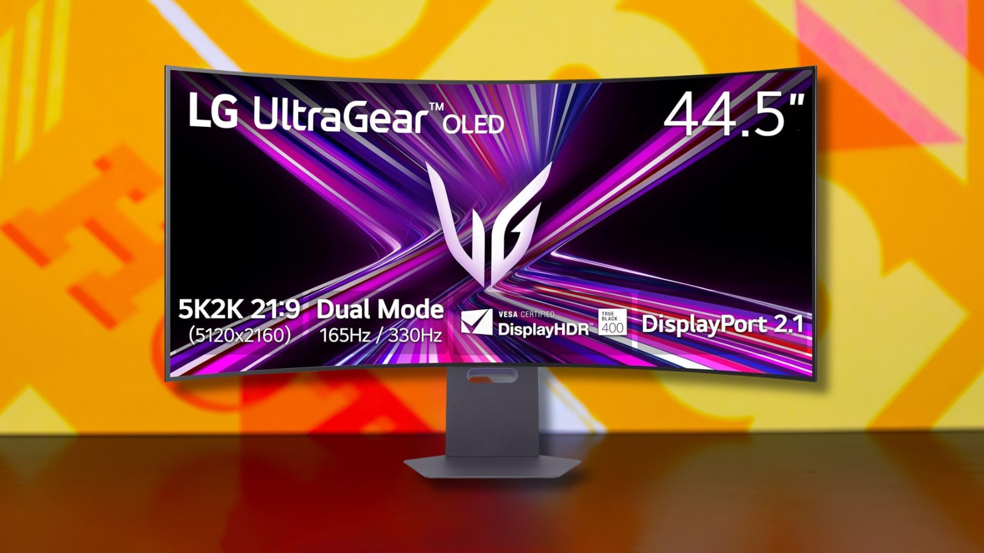 lg 45-inch ultragear 5k2k wuhd oled curved gaming monitor against a yellow patterned background