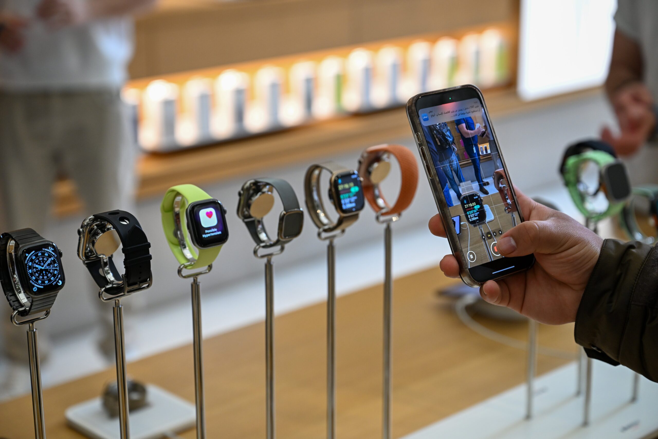 A display of the Apple Watch Series 11 during their sales launch at the Apple Inc. store on Regent Street in London, UK, on Friday, Sept. 19, 2025. In a first since 2020, Apple is rolling out several new iPhone designs.