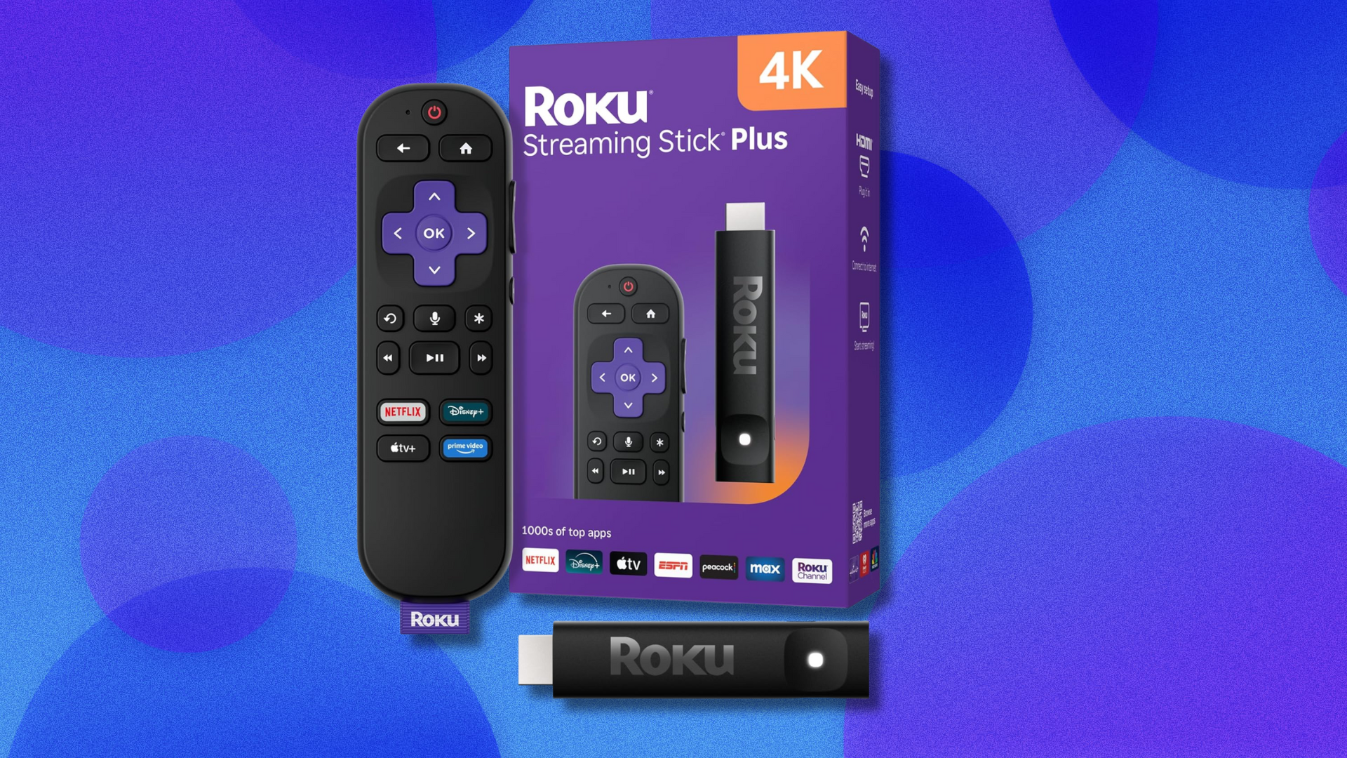 Roku Streaming Stick Plus on blue and purple abstract background