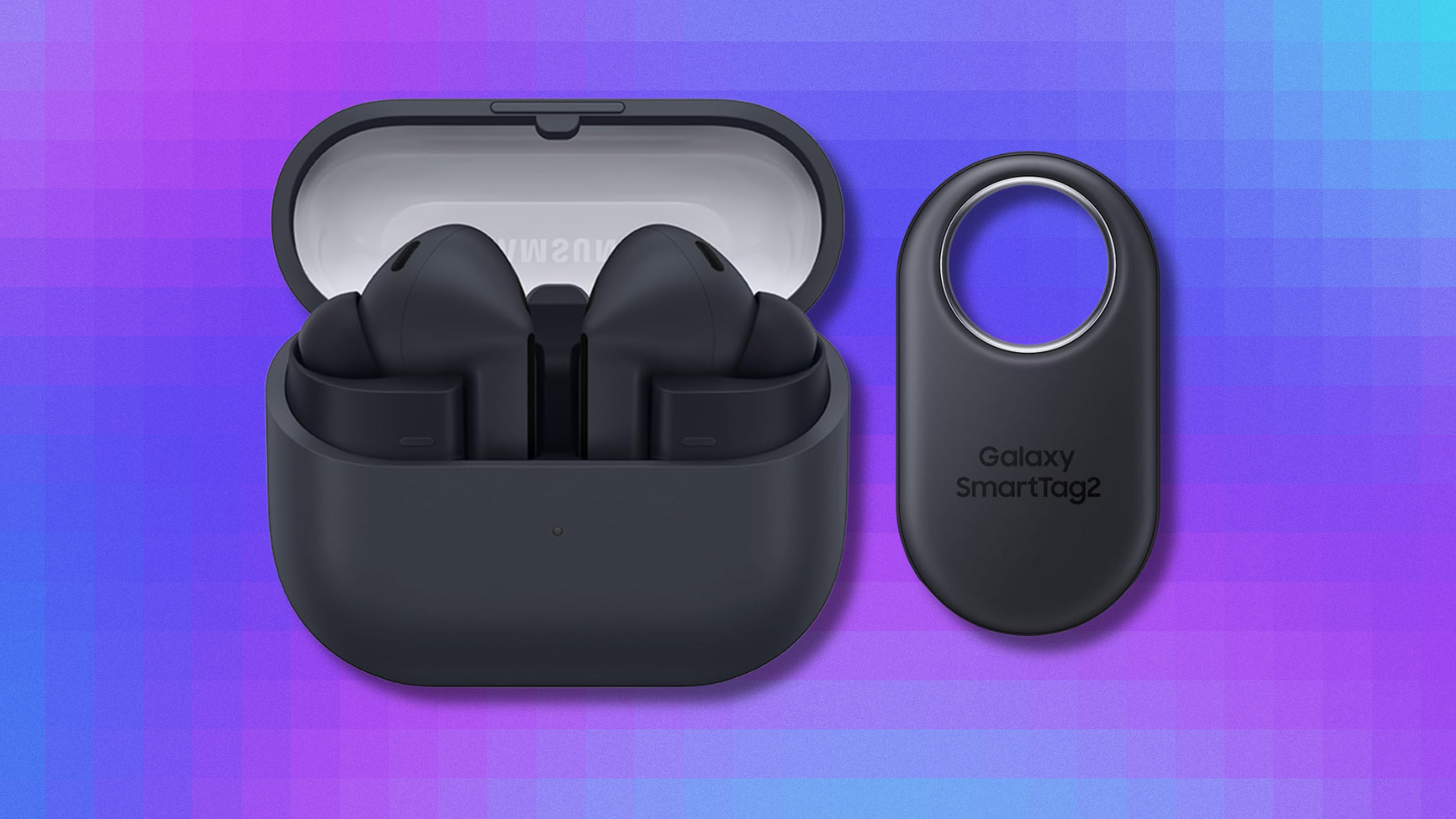 Samsung Galaxy Buds 3 FE and Galaxy SmartTag 2 on blue, purple and pink abstract background