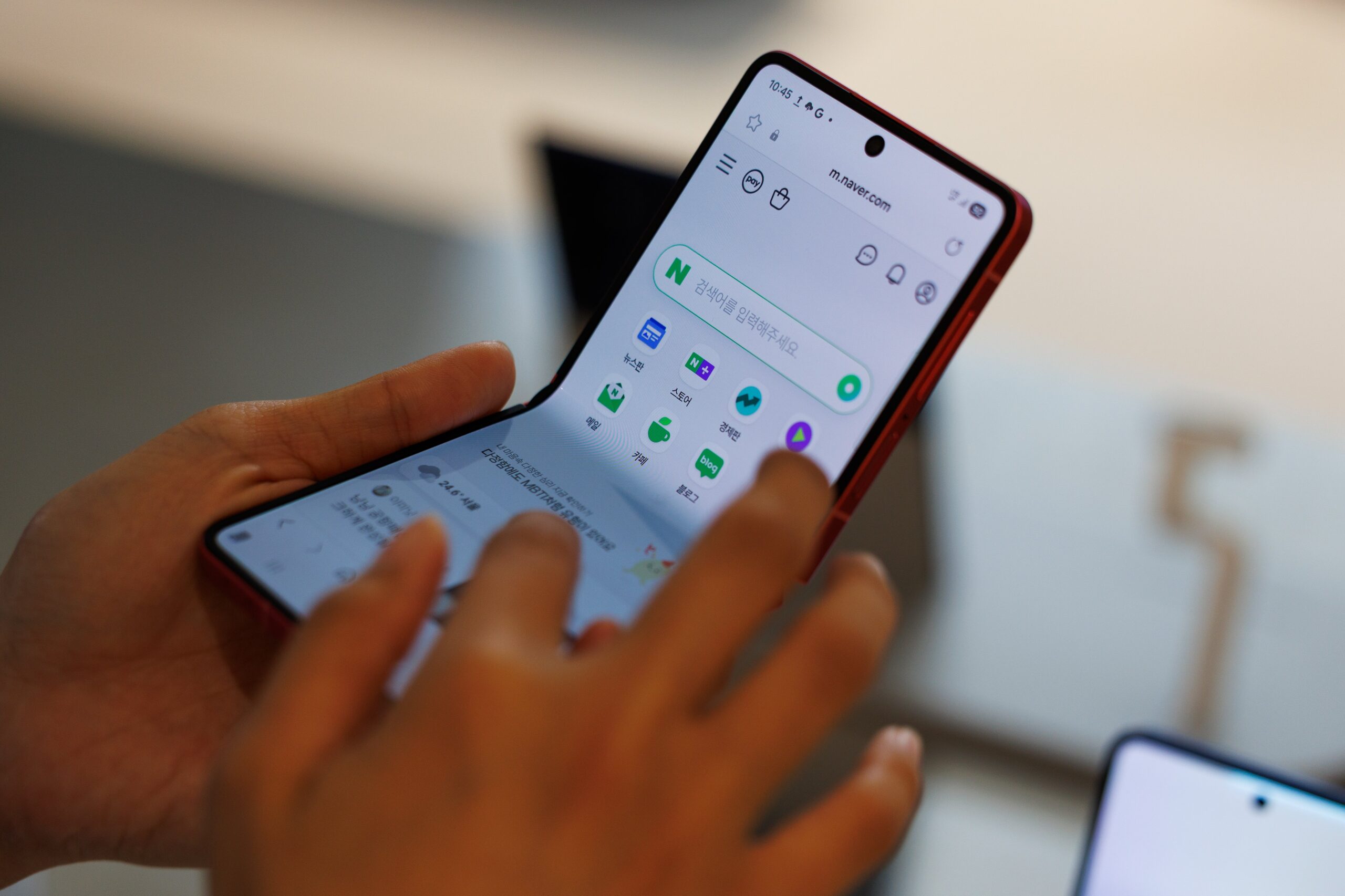 A Samsung Electronics Co. Galaxy Z Flip 7 smartphone on display at the company's headquarters