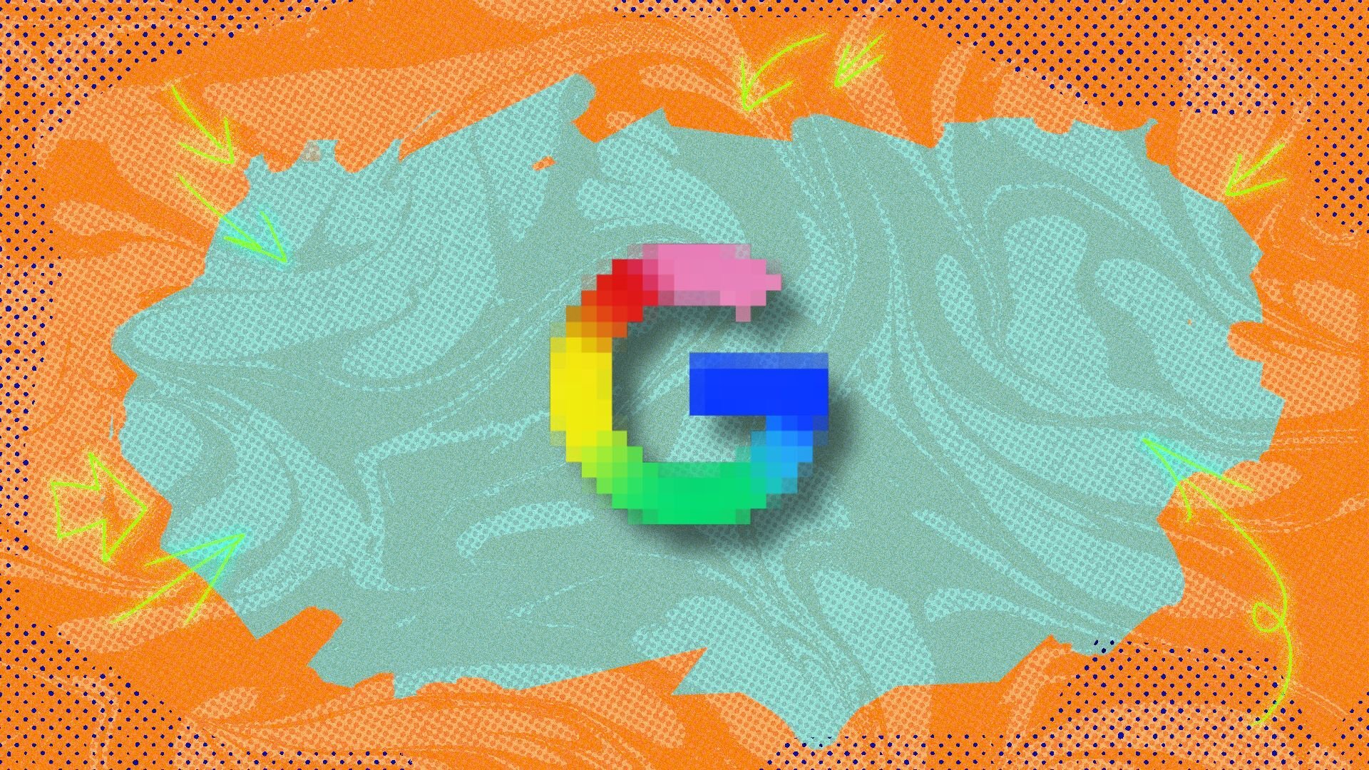 pixelated google 'g' icon on colored background
