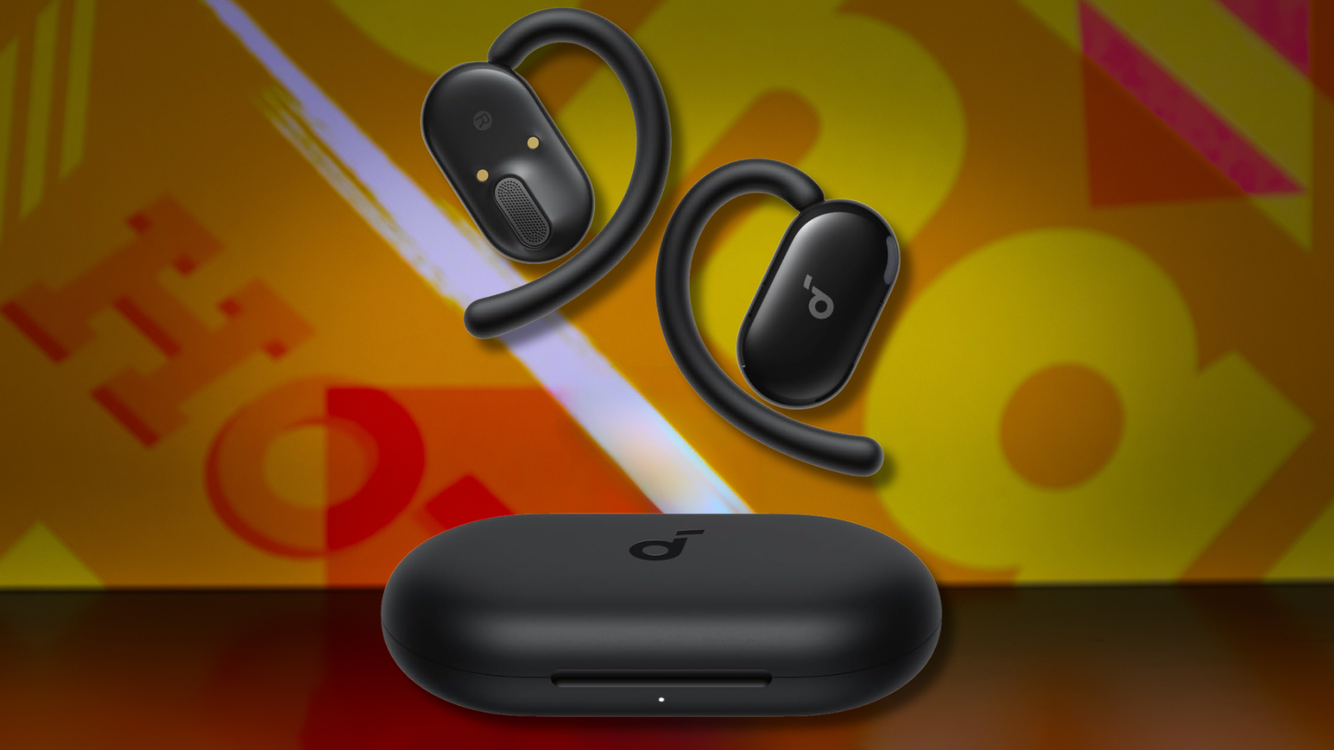 A pair of Soundcore open-ear headphones against a colorful background