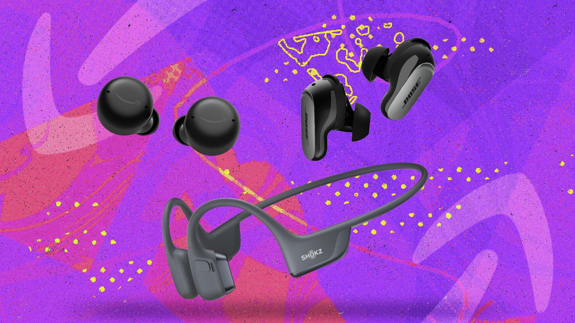 three earbuds on purple and pink graphic background