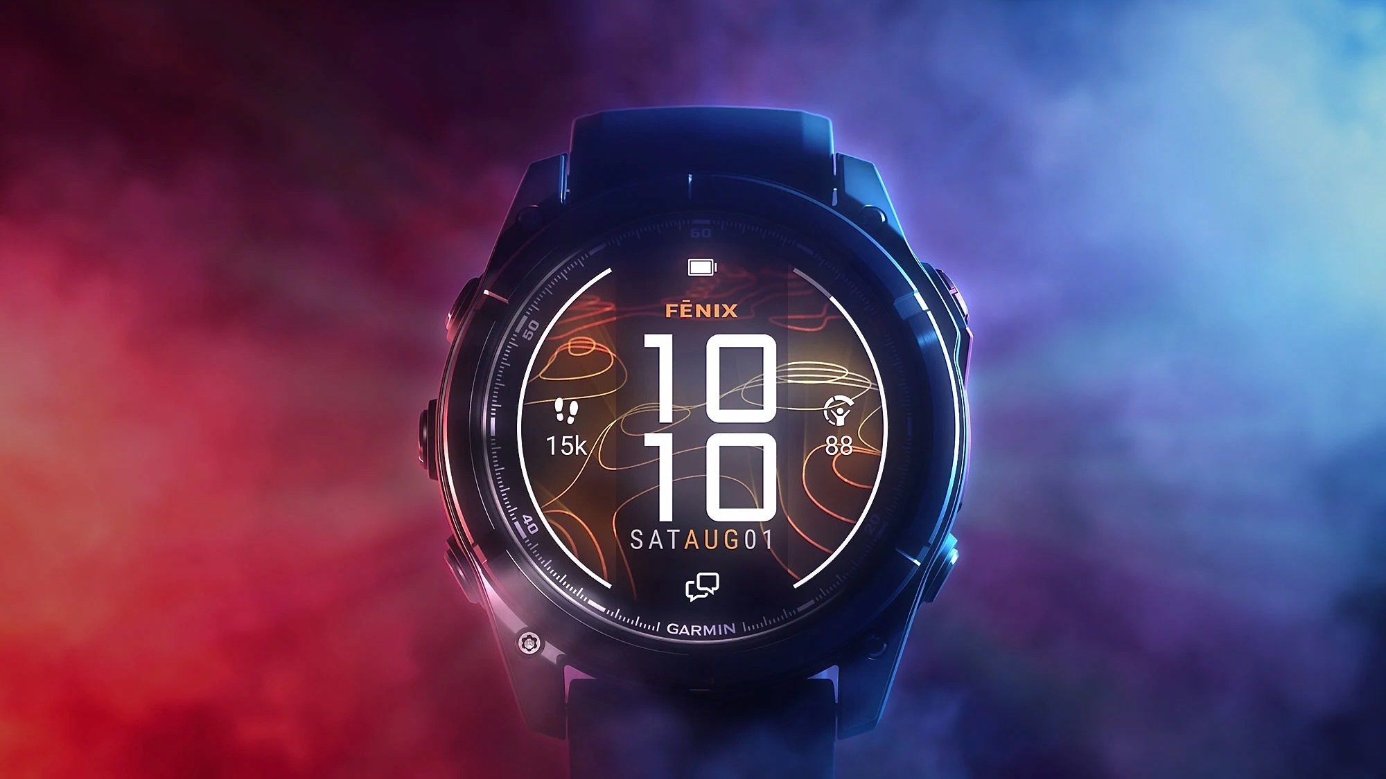 garmin fenix 8 pro smartwatch surrounded by smoke and bright colors