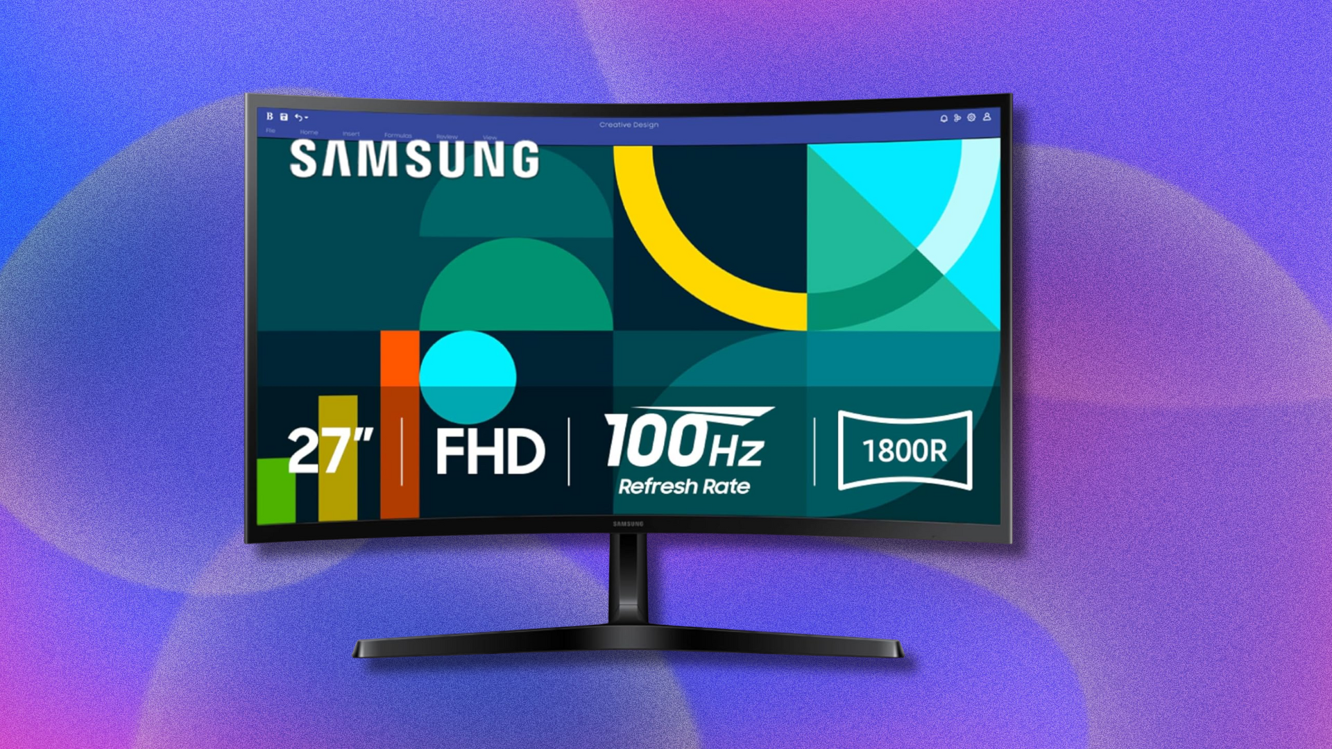 Samsung Essential S3 curved monitor on purple and pink abstract background