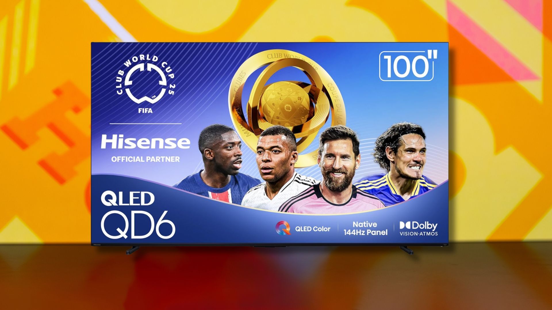 hisense 100-inch qd6 qled 4k tv against a yellow patterned background