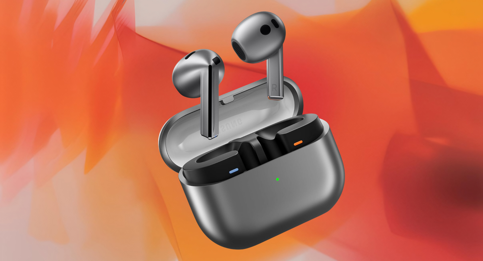 The Samsung Galaxy Buds 3 AI true wireless bluetooth earbuds against an orange and yellow background.