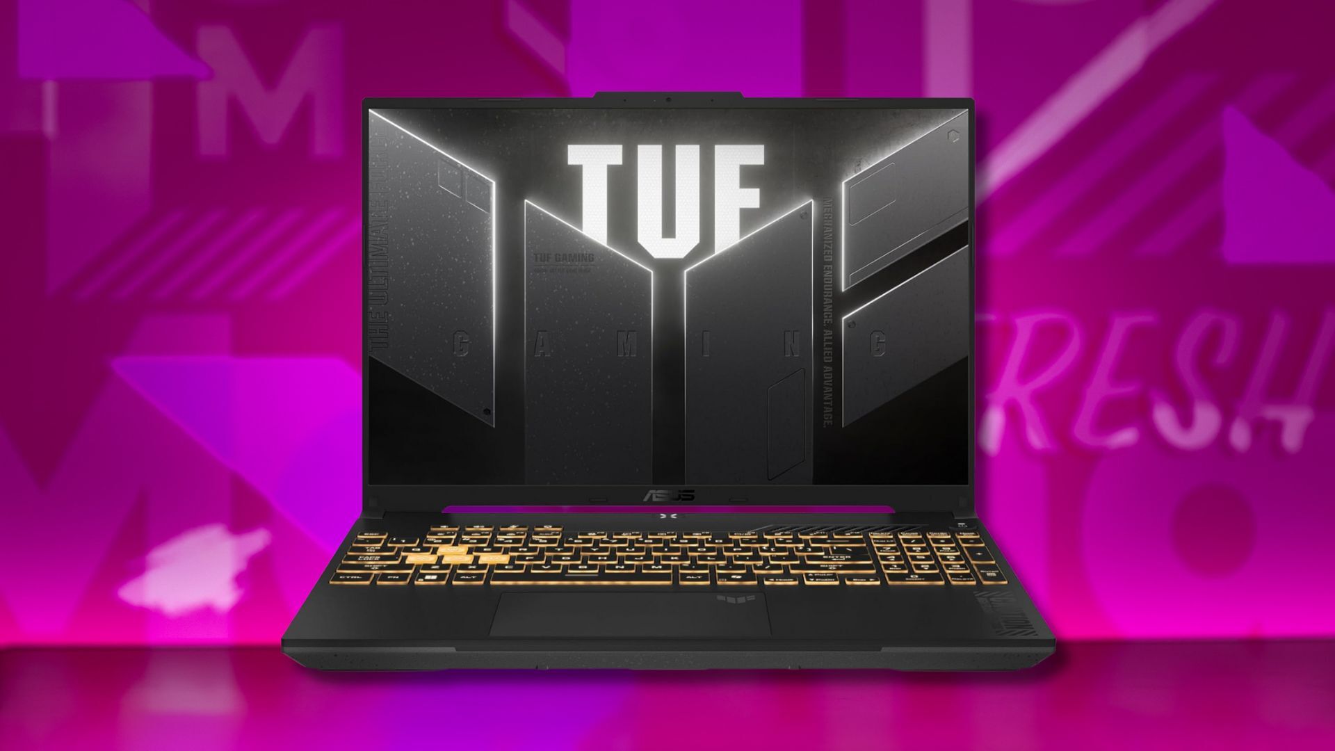 asus tuf gaming f16 laptop against a pink patterned background