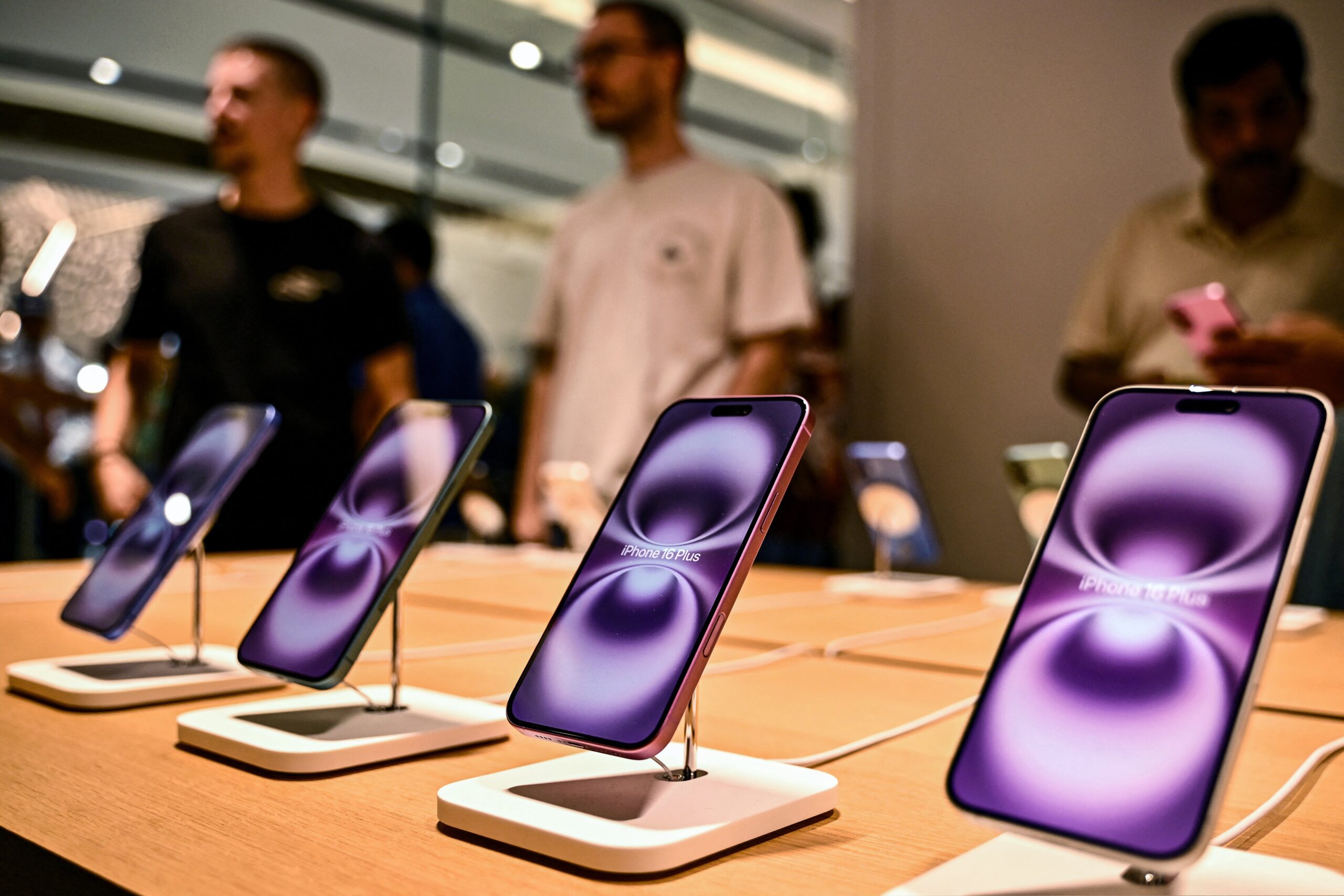iPhone 16 Plus models of US tech giant Apple Inc. are displayed for sale at the Phoenix Mall on the opening day of the first Apple retail store in Bengaluru