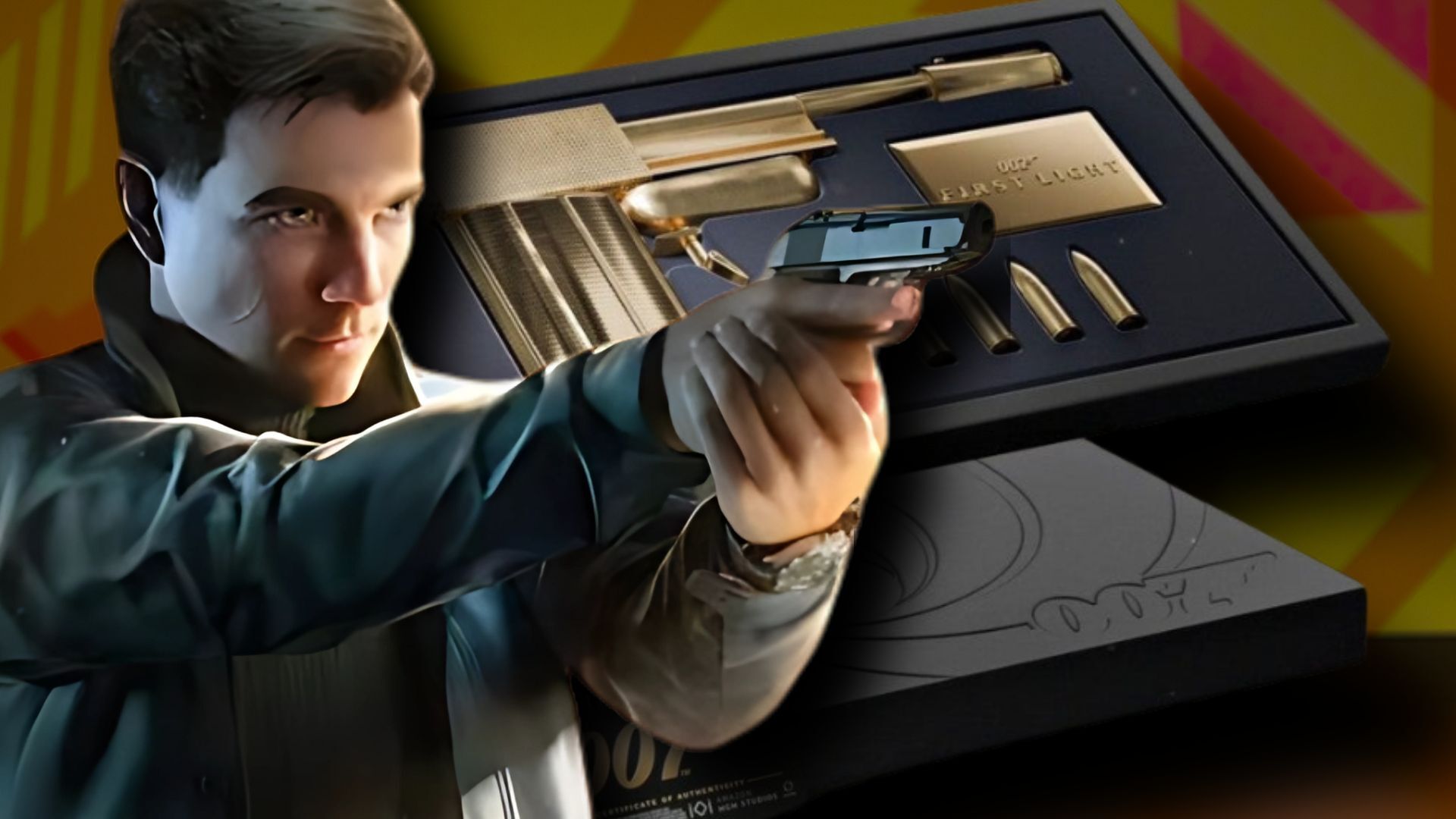007 First Light legacy edition collectable and a young James Bond on a yellow and pink background