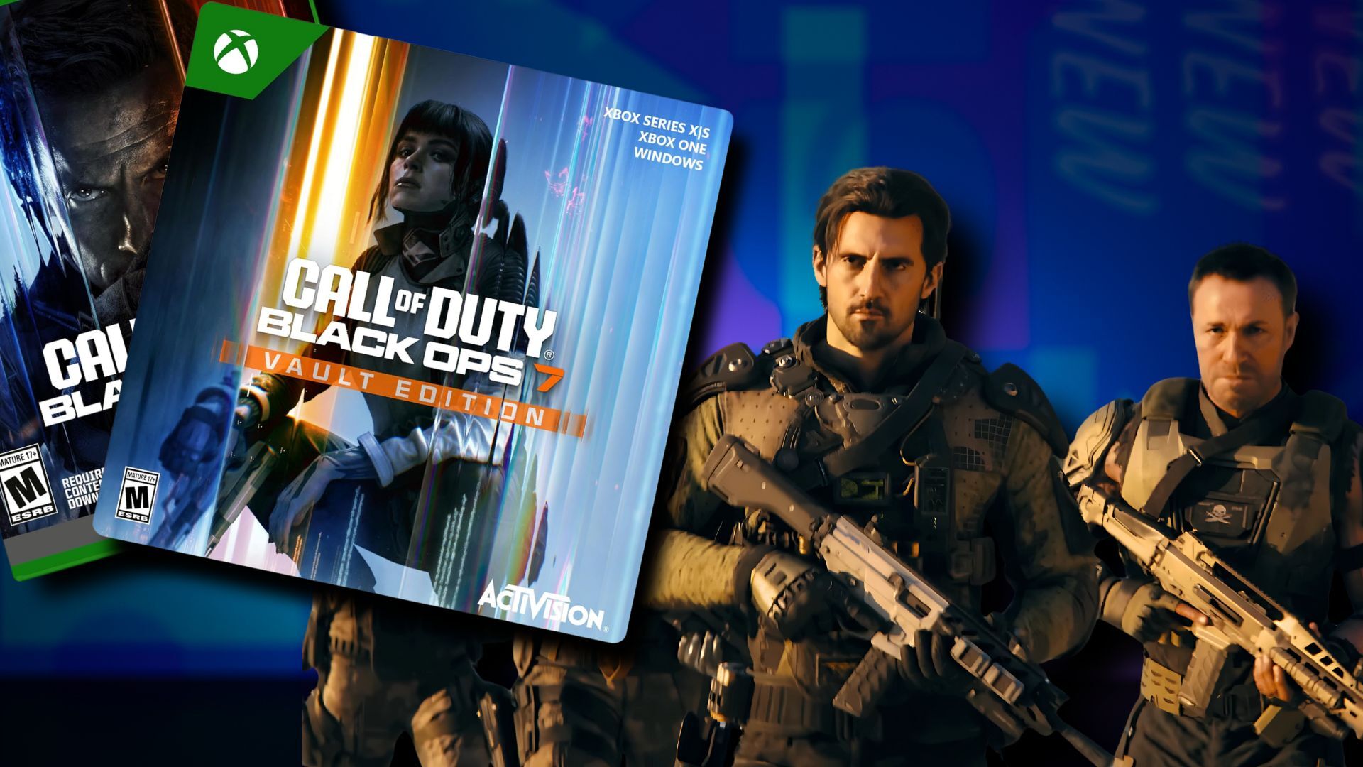 Call of Duty®: Black Ops 7 box arts and main characters on a blue patterned background