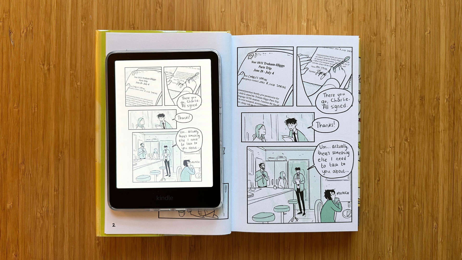 A Kindle Colorsoft on a copy of Heartstopper Volume 3.