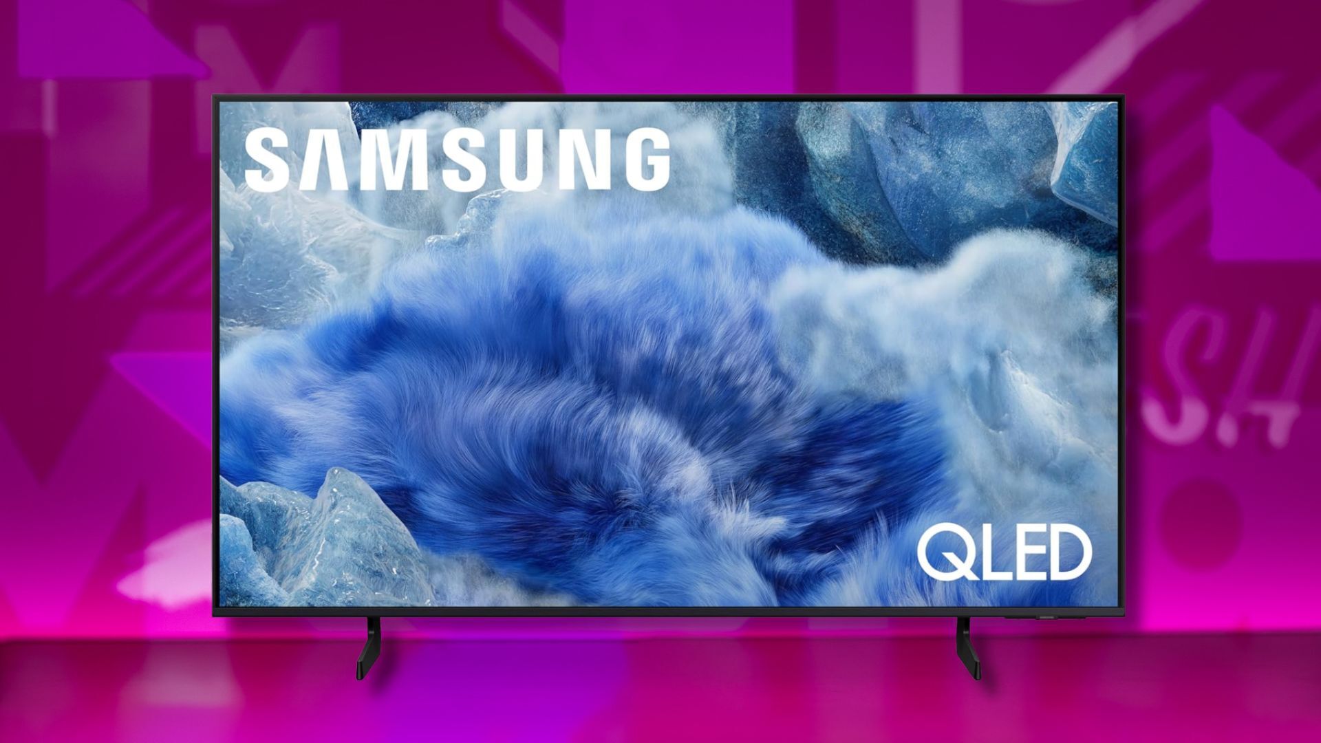 samsung 55-inch qled q8f 4k tv against a pink patterned background