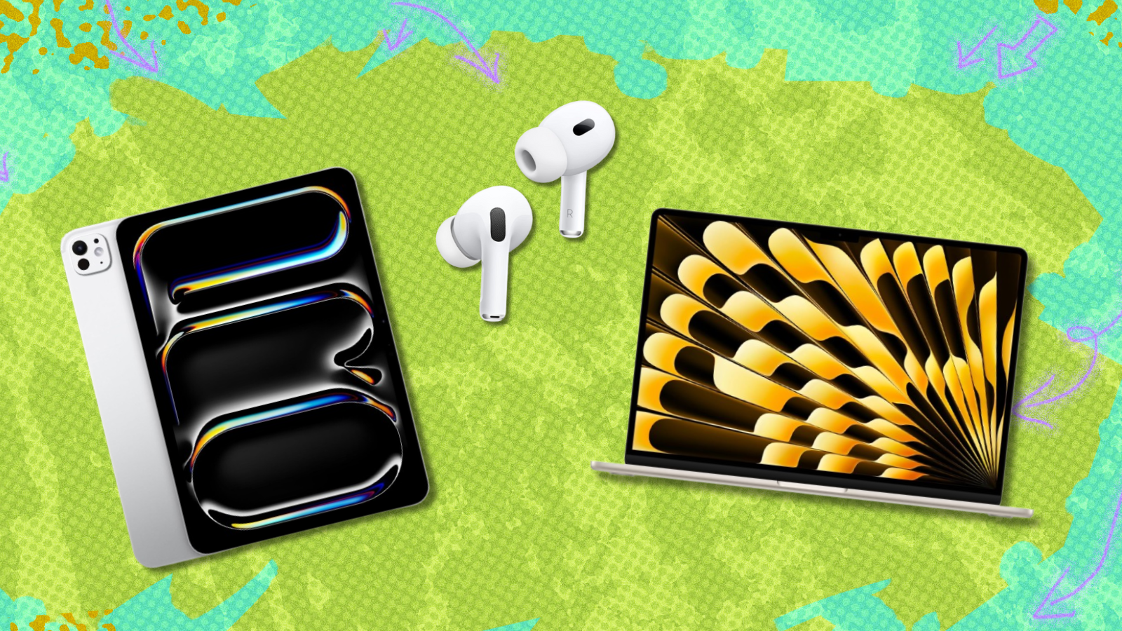 Apple iPad Pro, MacBook Air, and AirPods Pro with green background