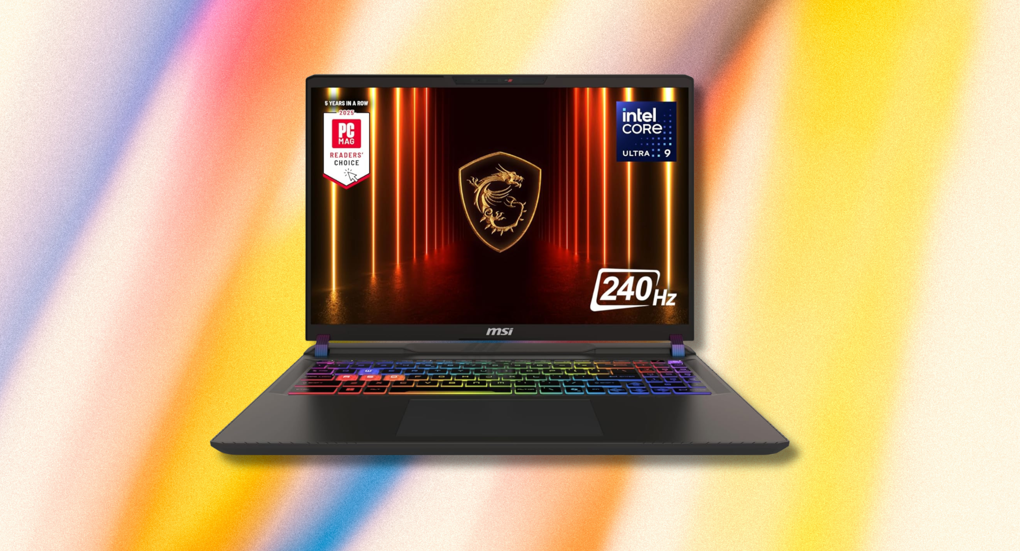 The MSI Vector 16 HX AI sitting against a colorful background.
