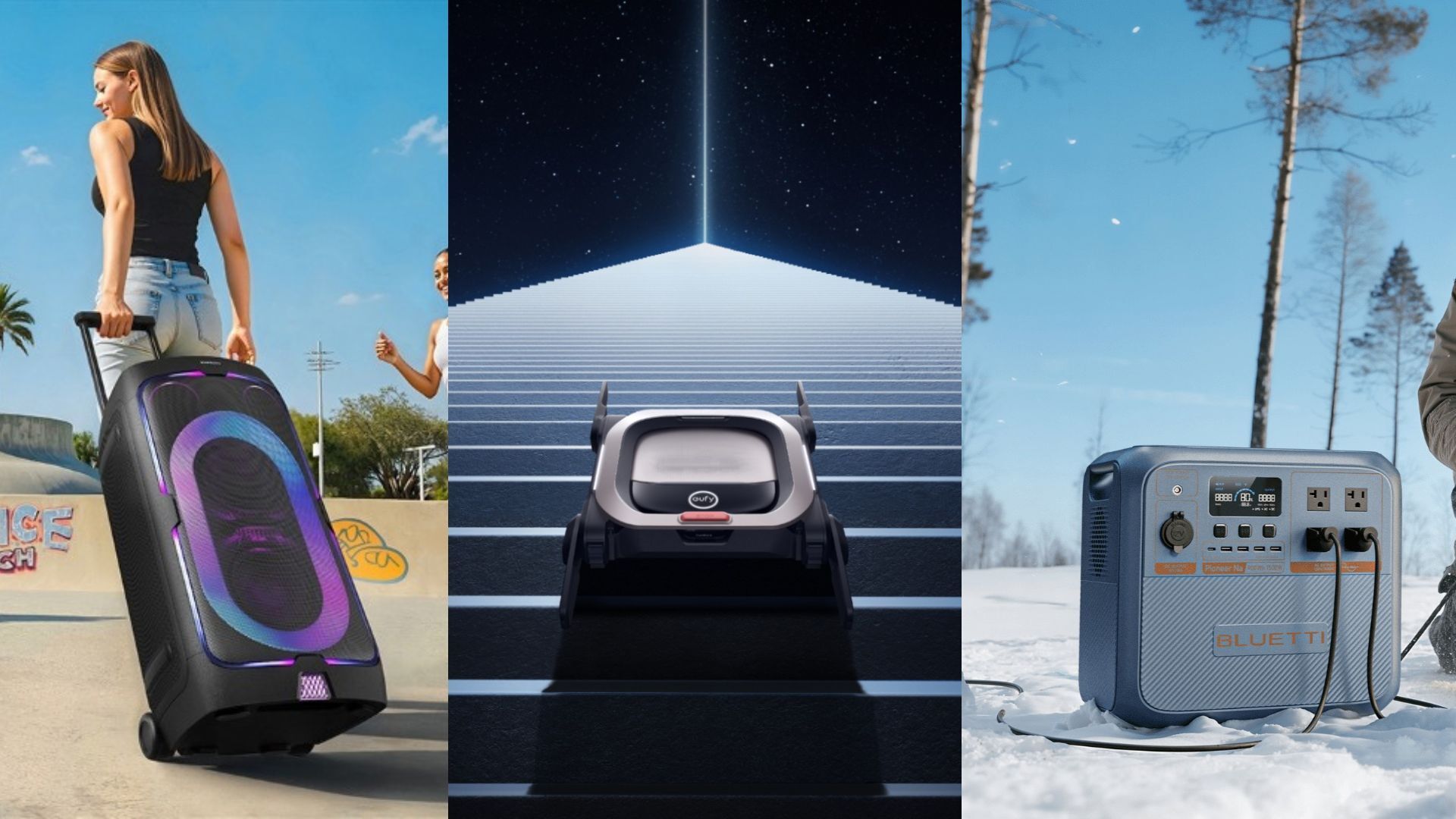 the new Samsung Sound Tower, eufy marswalker, and bluetti pioneer na portable power station