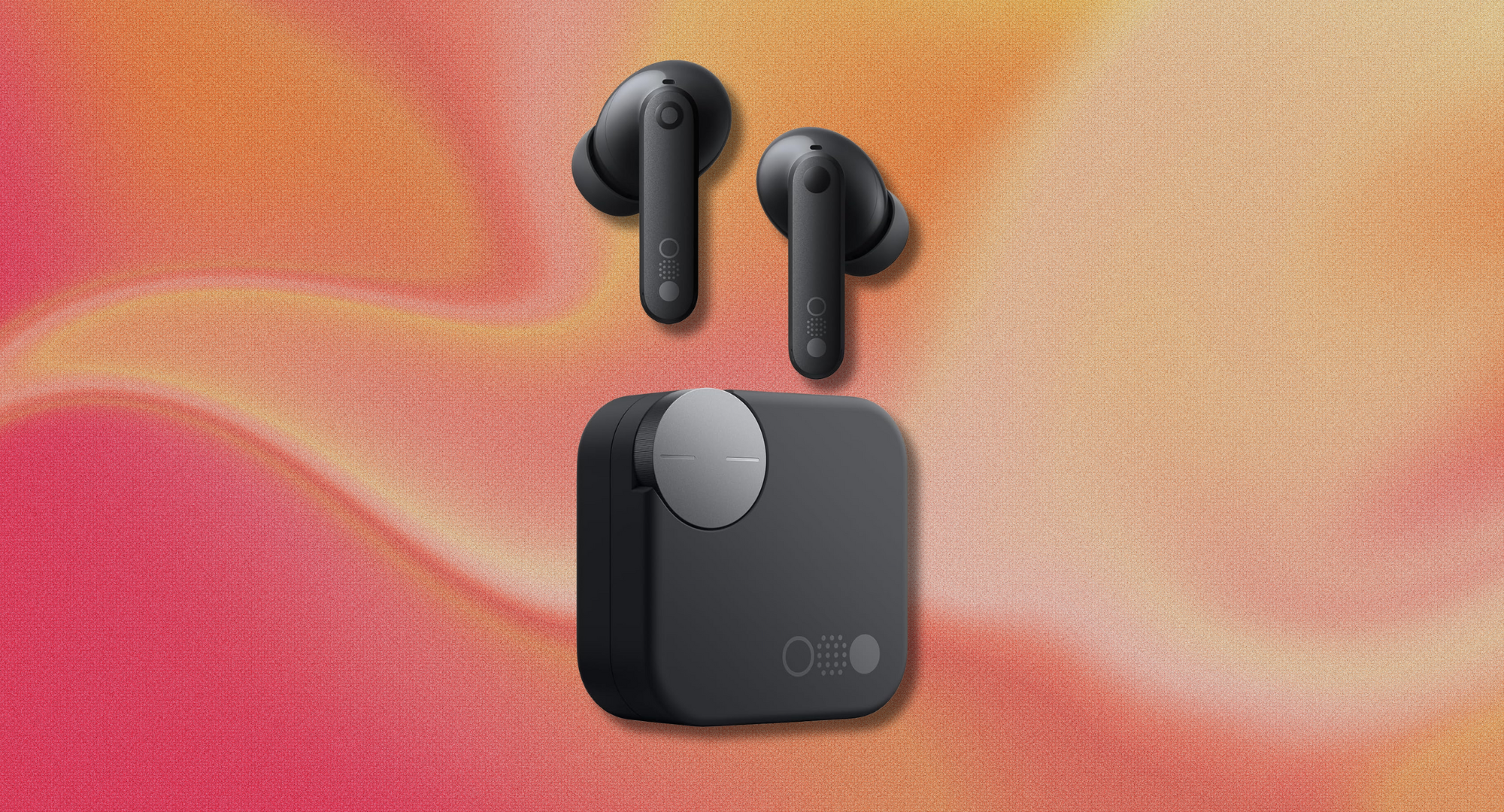 CMF Buds Pro 2 with charging case against a pink and orange swirling background. 