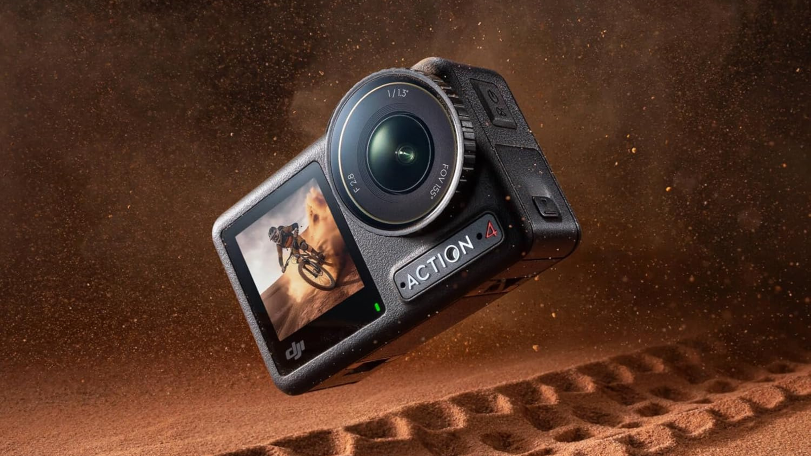 close up of Dji Osmo Action 4 camera with dirt underneath