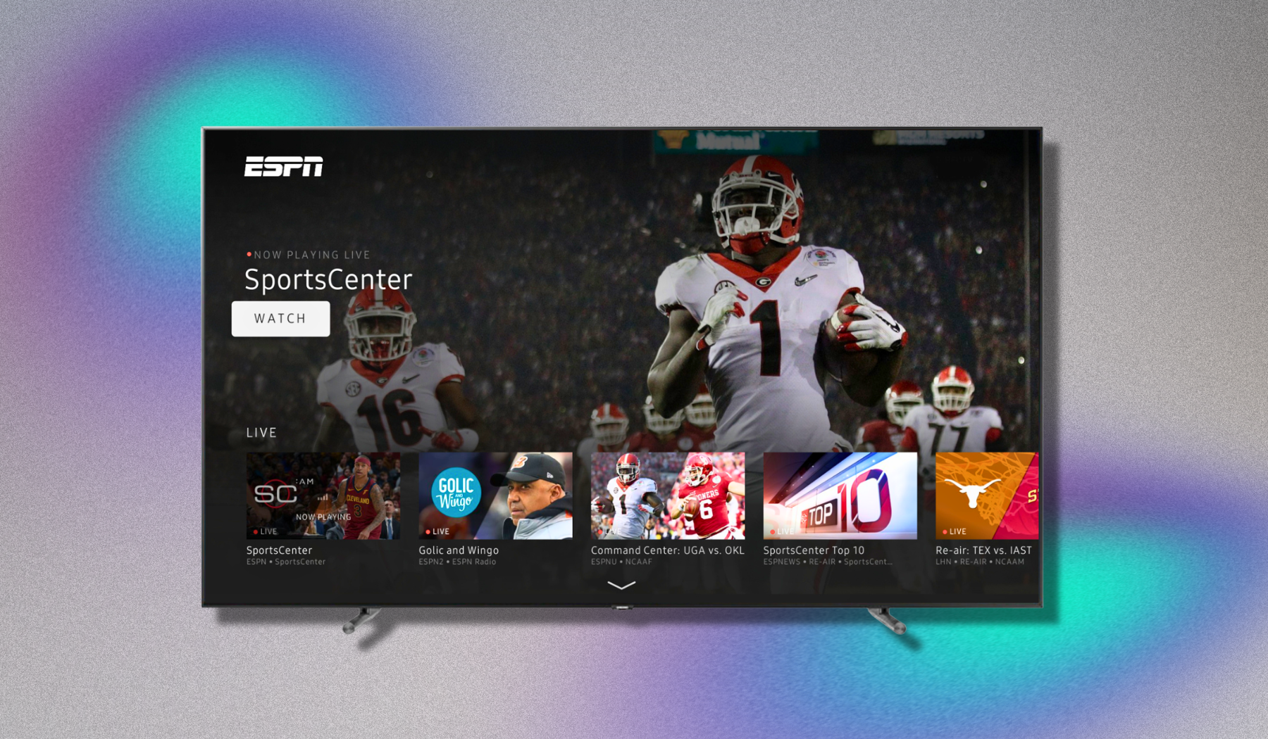 Samsung TV on ESPN app arranged on gray, purple, and blue backdrop