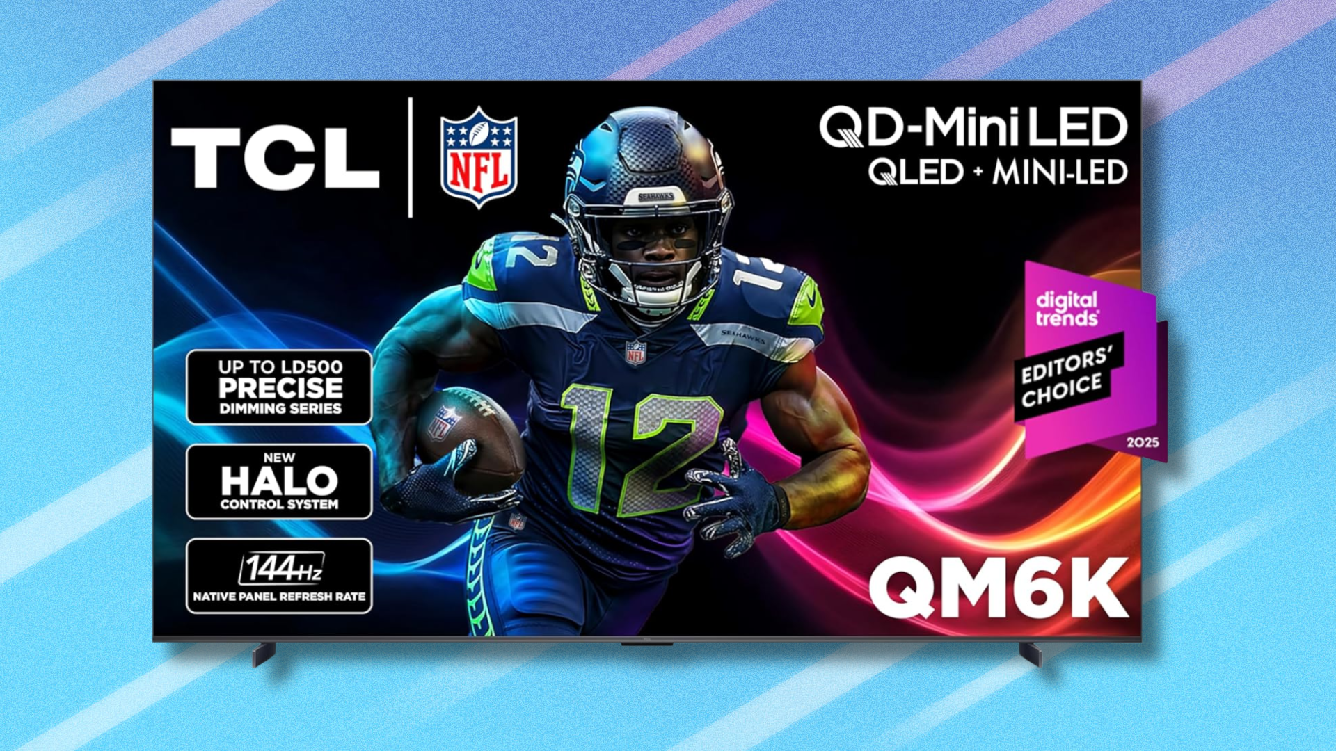 TCL Mini LED TV on light blue abstract background