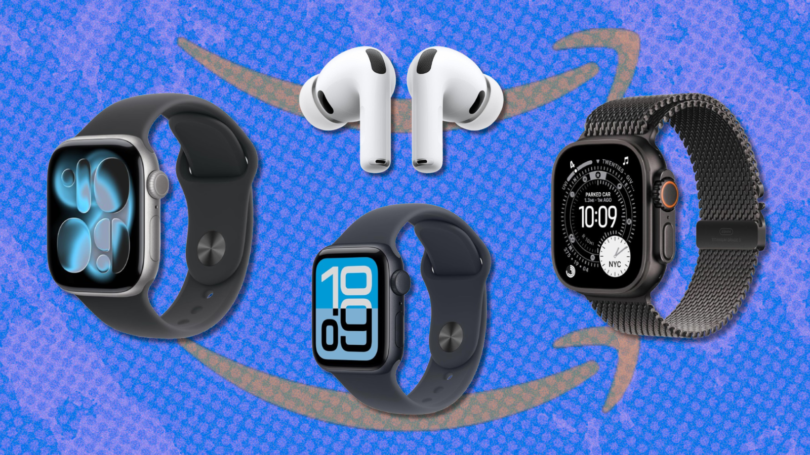 new Apple Watches and AirPods Pro 3 with amazon arrows against blue background