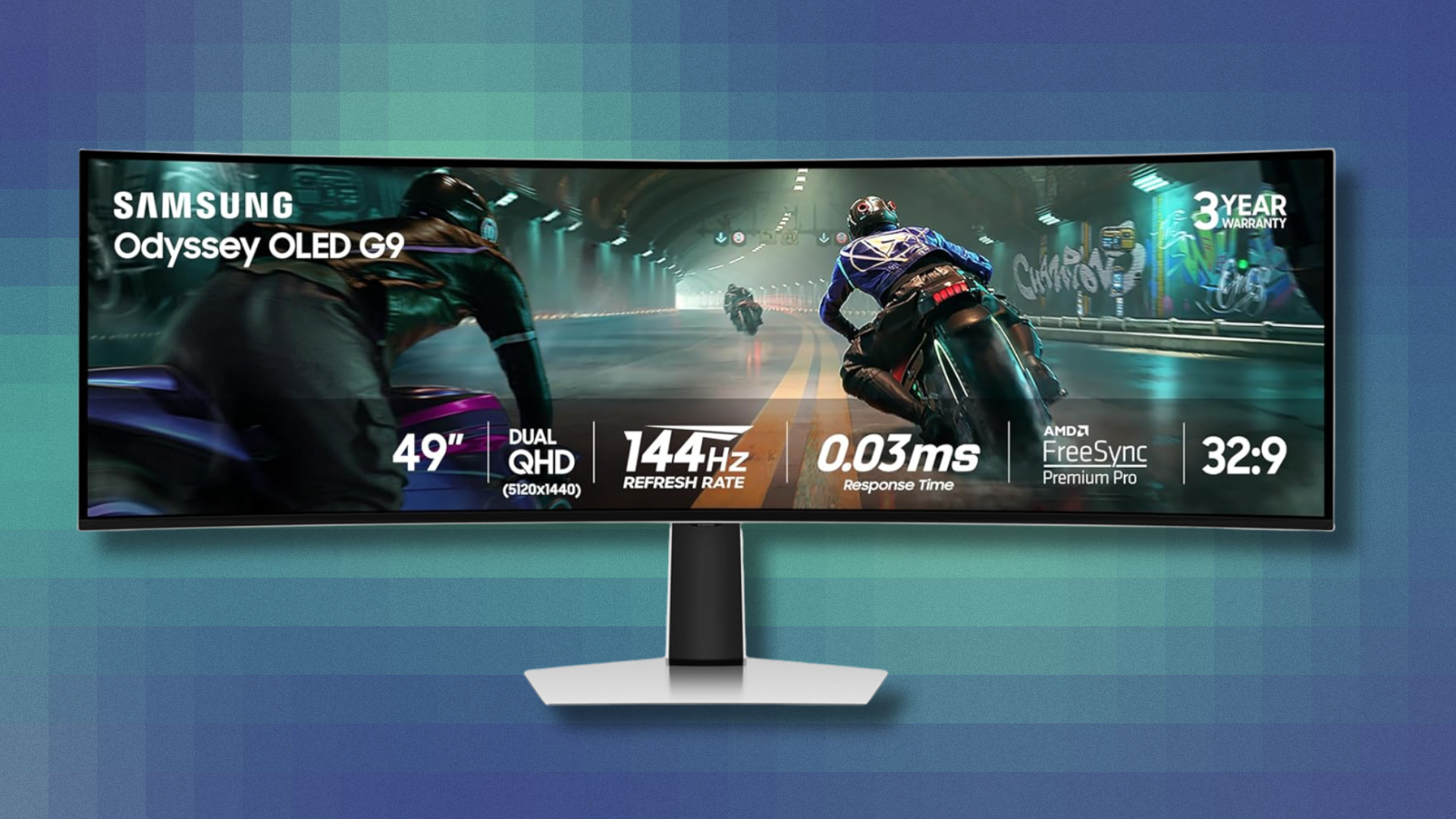 Samsung Odyssey OLED G9 on teal and light blue background
