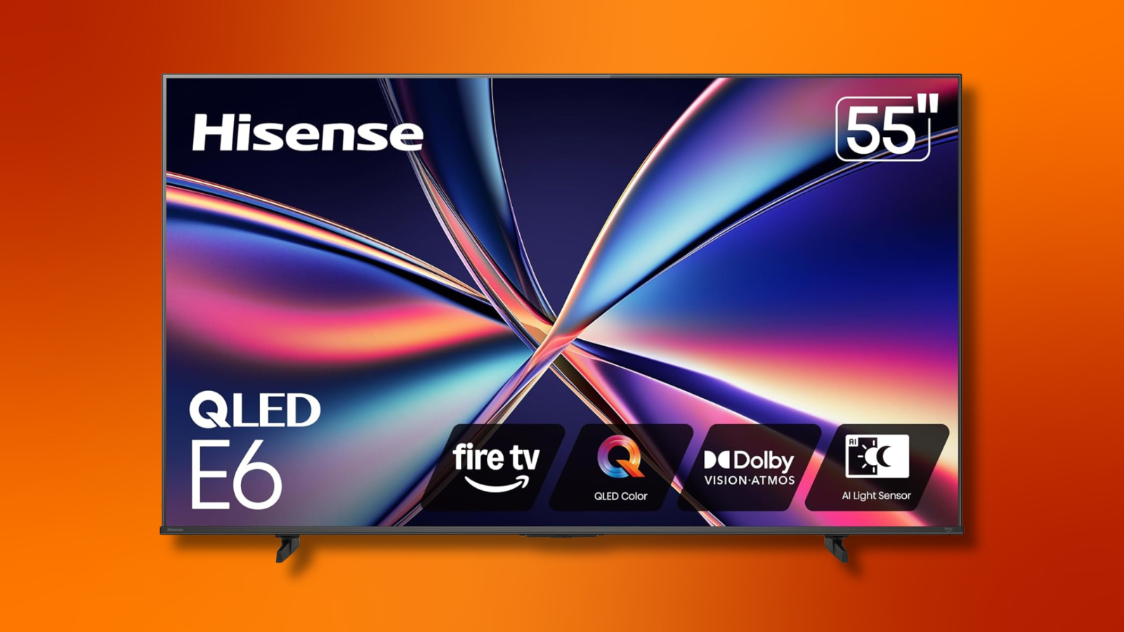 the 55-inch Hisense E6 Series QLED 4K Fire TV against an orange background