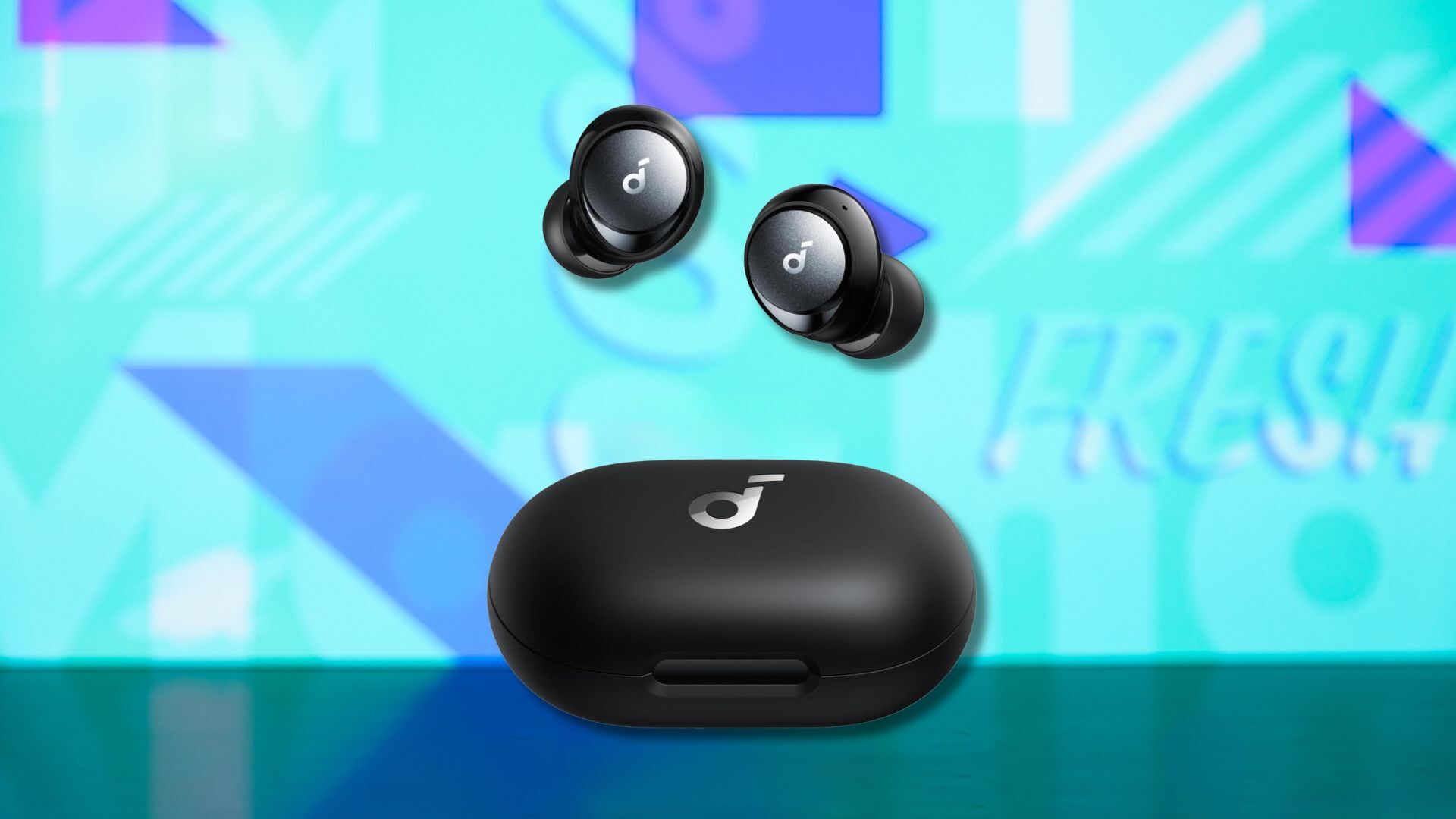 soundcore space a40 earbuds and case against a light blue patterned background