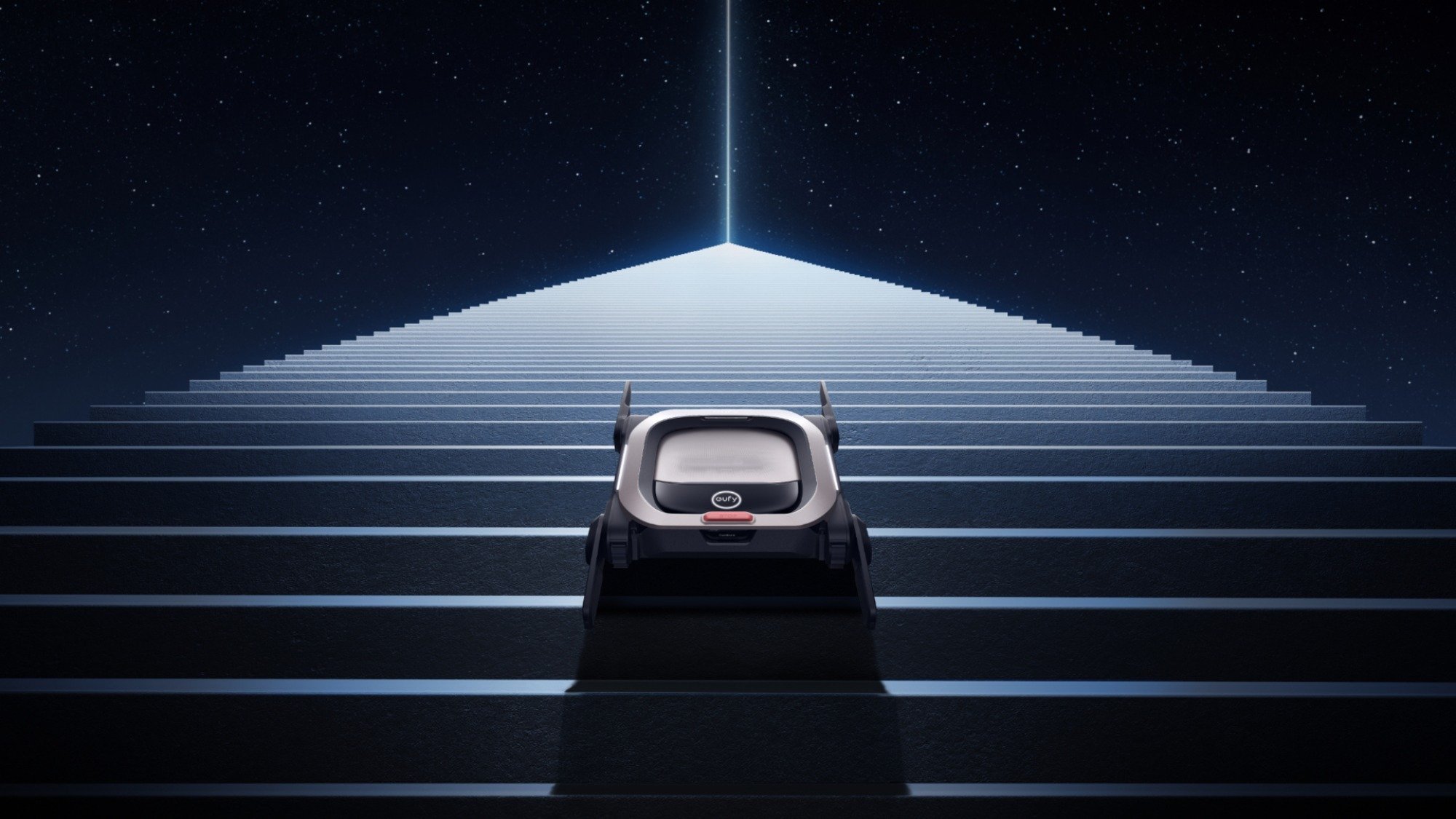 the Eufy marwalker robot vacuum transportation system with a large set of illuminated stairs in front of it