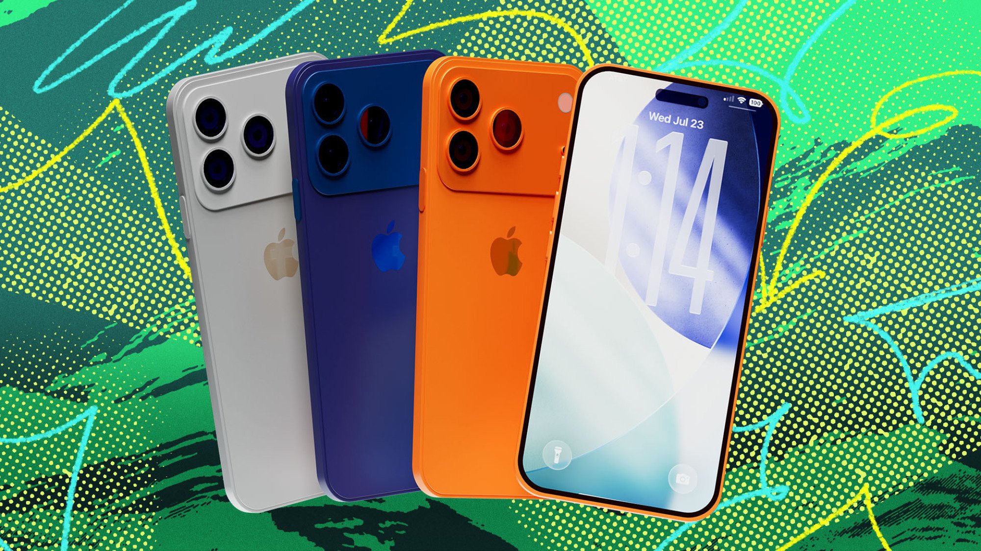 row of iphone 17 phones on a patterned background