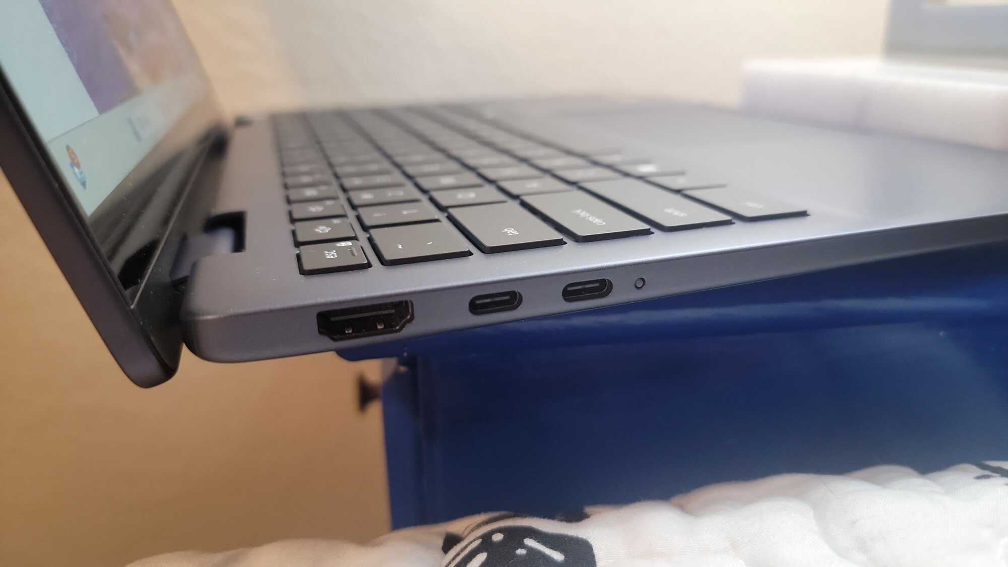 The left side of Dell’s 14 Plus 2-in-1 laptop, showing the two USB-C ports and HDMI port