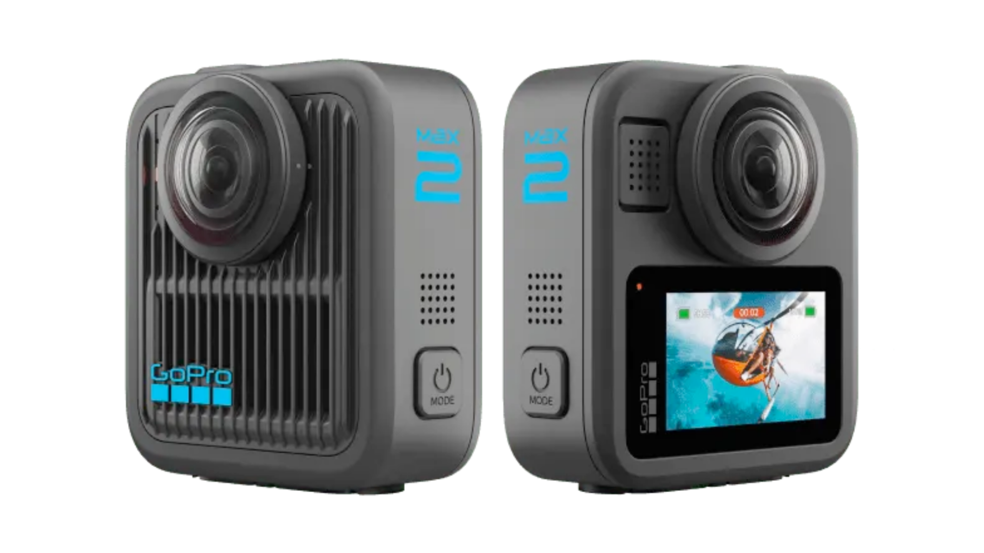 Two GoPro MAX2 360-degree cameras, showing the device's front and back.