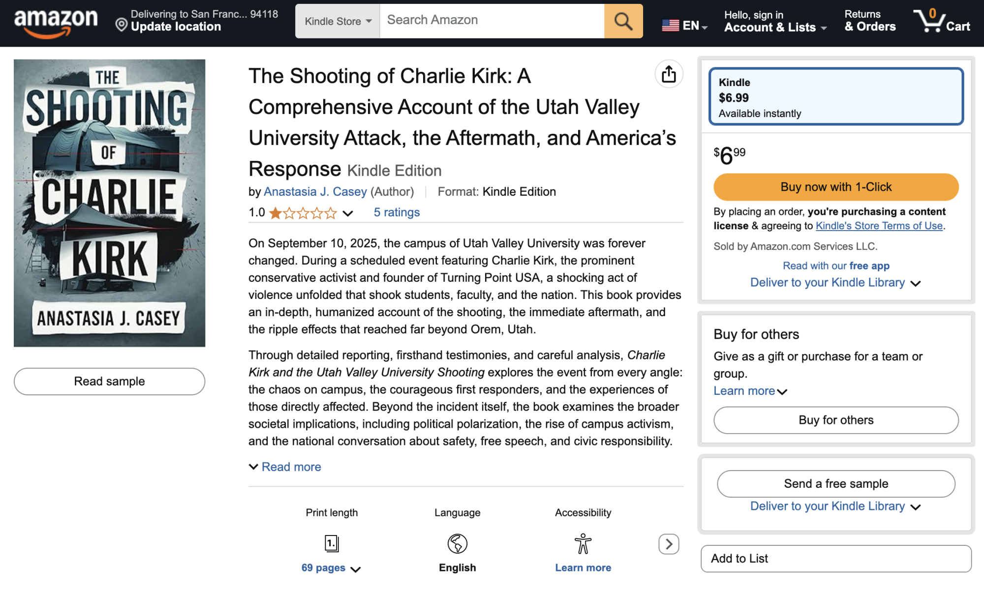 Amazon page for "The Shooting of Charlie Kirk" AI-generated book