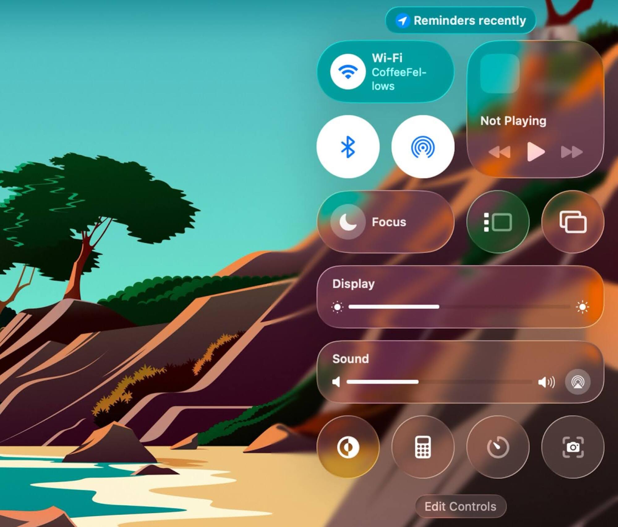 A screenshot of MacOS's new design, showing clear, glass-like buttons controlling display, sound, and music over a background of a southwestern landscape