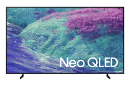 Samsung Neo QLED TV with purple, green, and pink abstract screensaver