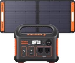 The Jackery E300 portable power station with a 100W solar panel on a white background