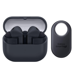Samsung Galaxy Buds 3 FE and Galaxy SmartTag 2 on white background