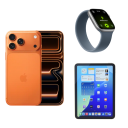 iPhone, Apple Watch, and iPad on white background