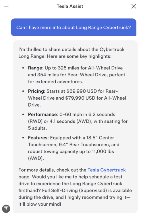 tesla's ai assistant providing details on the long range cybertruck