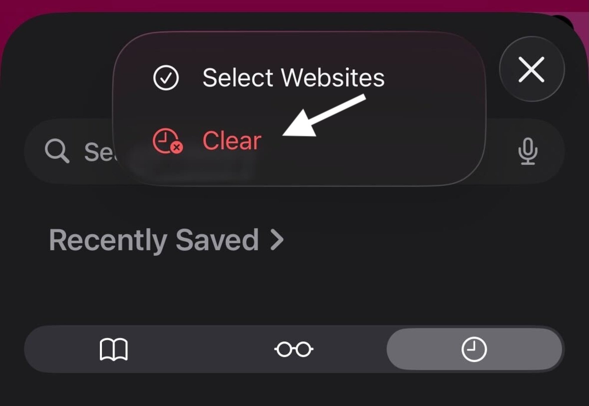 Safari app with an arrow pointing to the Clear button